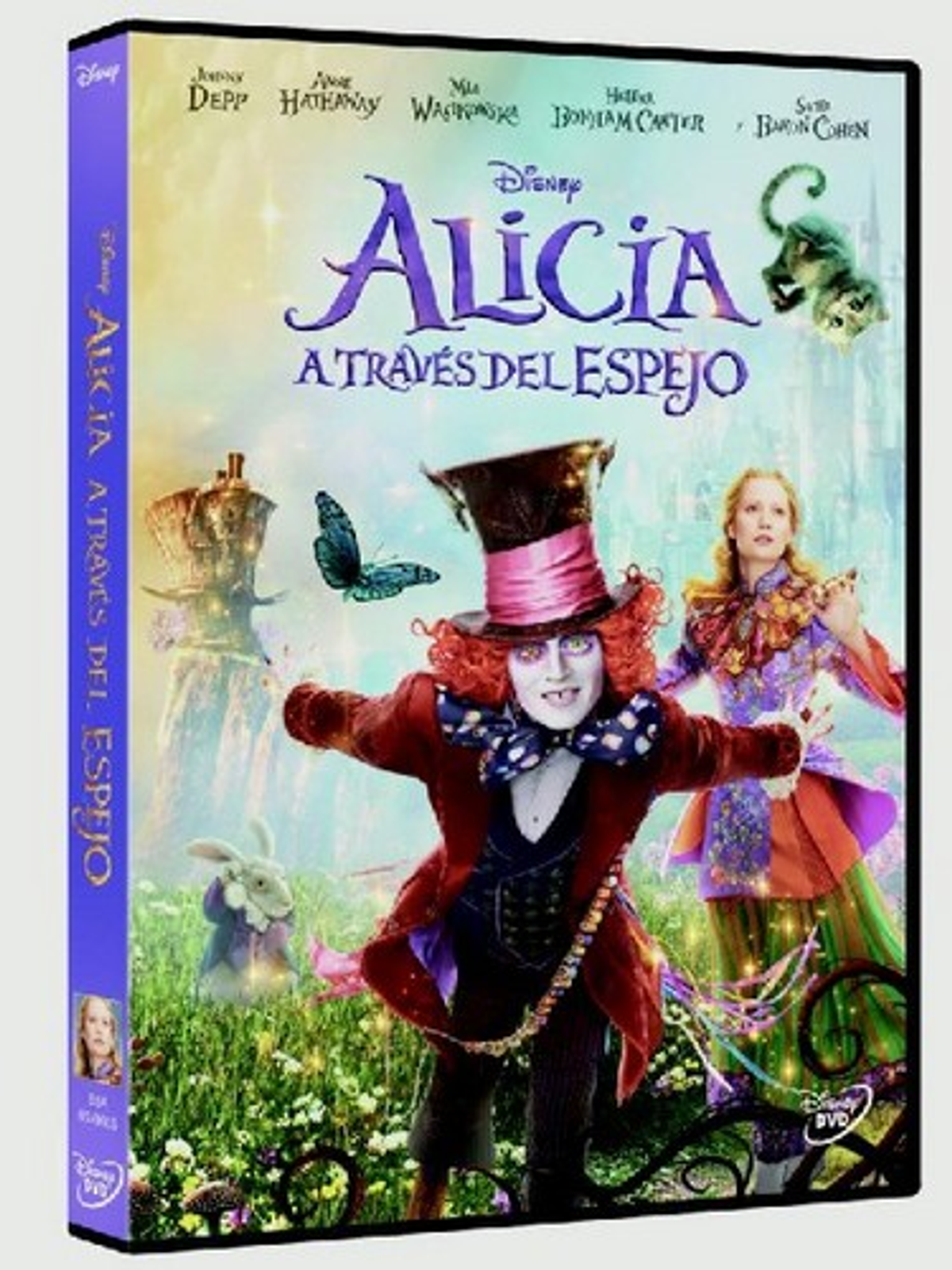 Portada de DVD de Alicia a través del espejo. Personajes de la película sobre un fondo colorido.