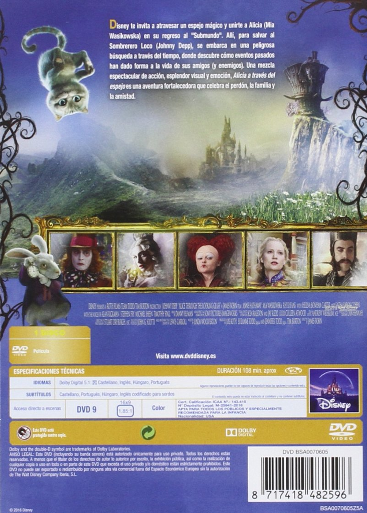 Contraportada del DVD de Alicia en el país de las maravillas. Se muestran personajes y escenas.