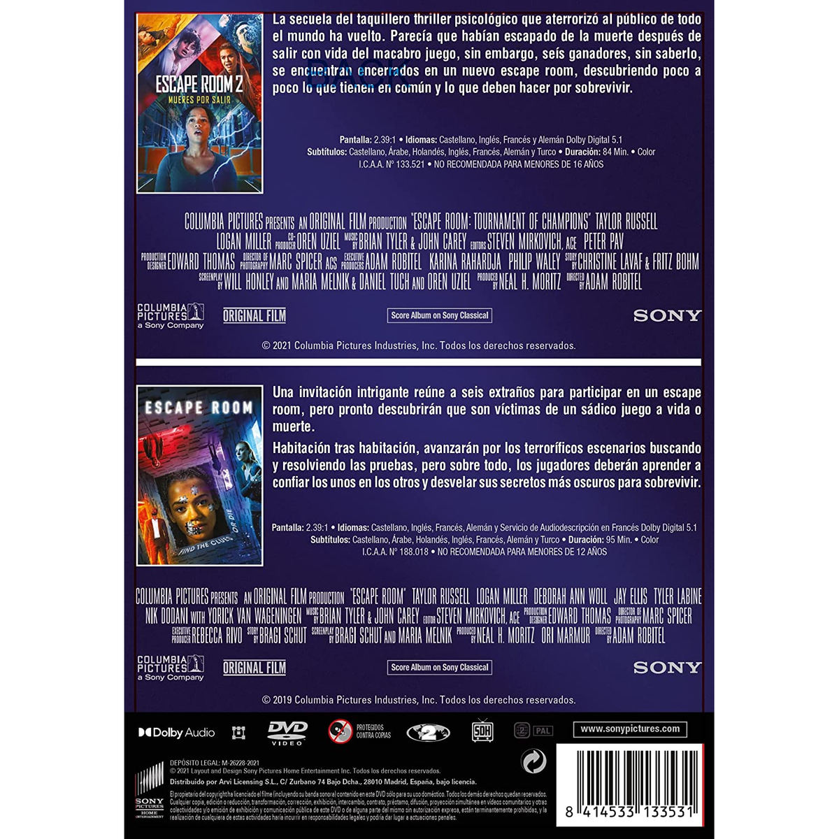 Caja de DVD: Escape Room 2. Incluye elenco y detalles adicionales en la parte trasera.