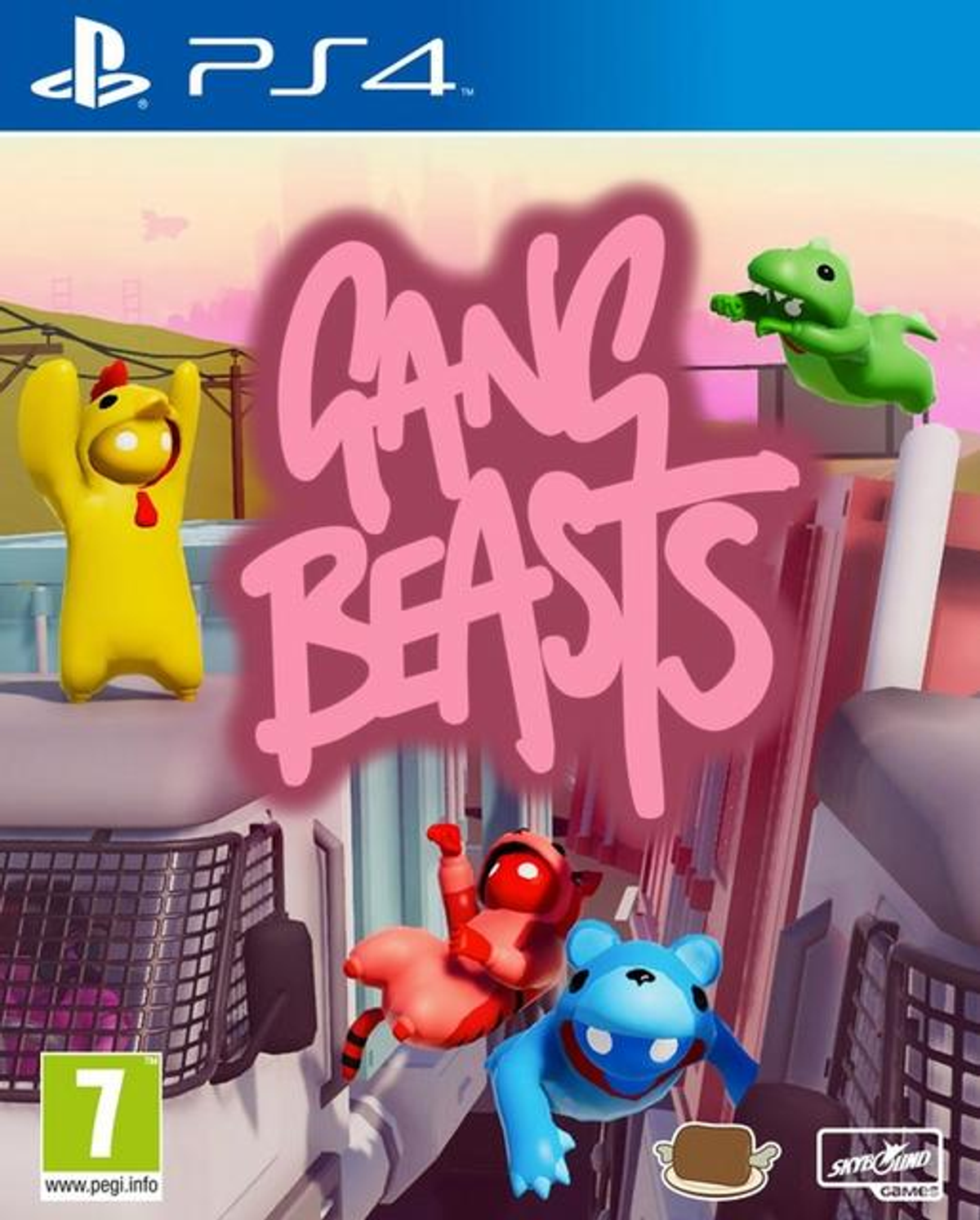 Portada del juego Gang Beasts PS4. Personajes de dibujos animados peleando. Título rosa. Personajes amarillos, rojos, azules y verdes.