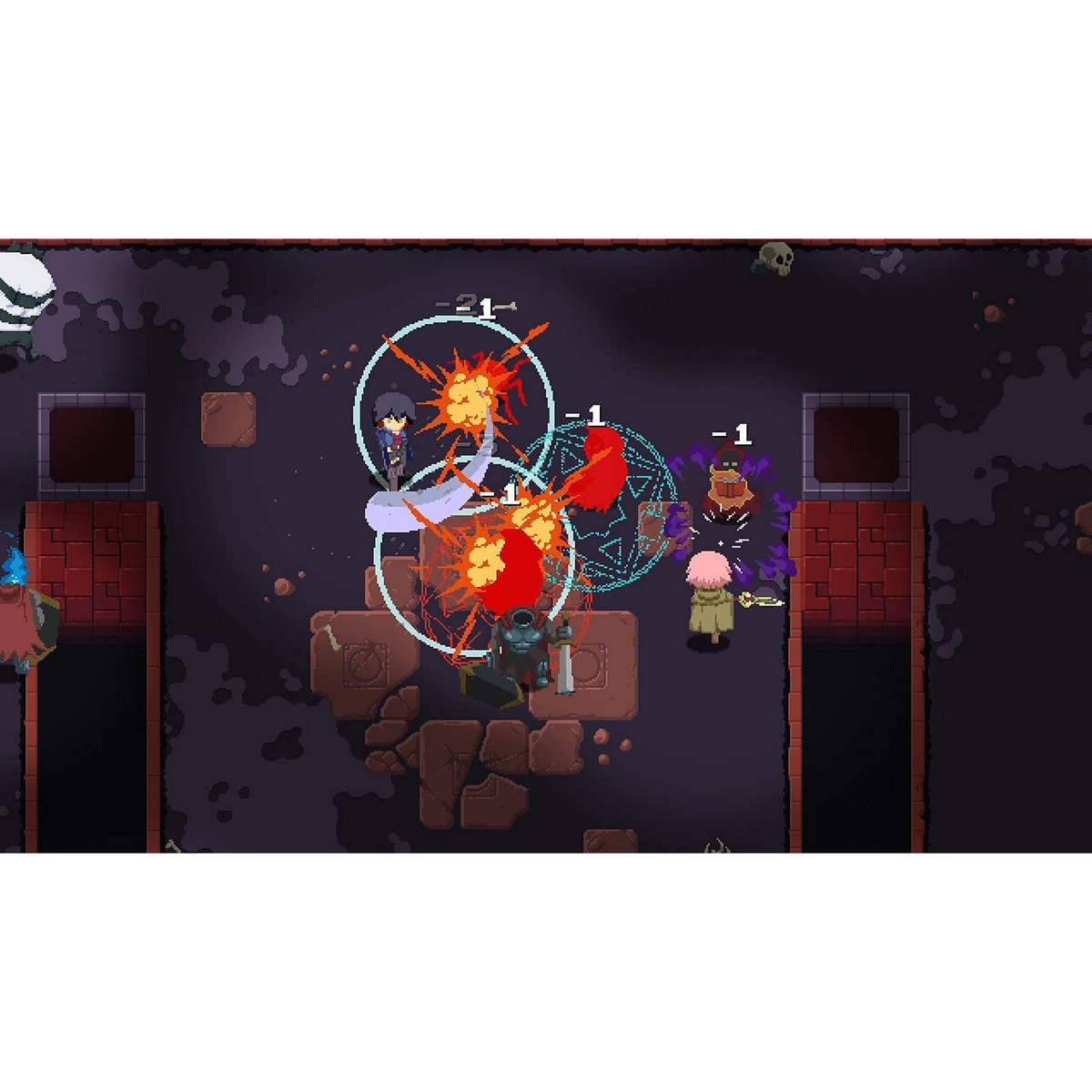 Scena z pikselowanej gry wideo z walczącymi postaciami. Wybuchy i czaszki w tle.