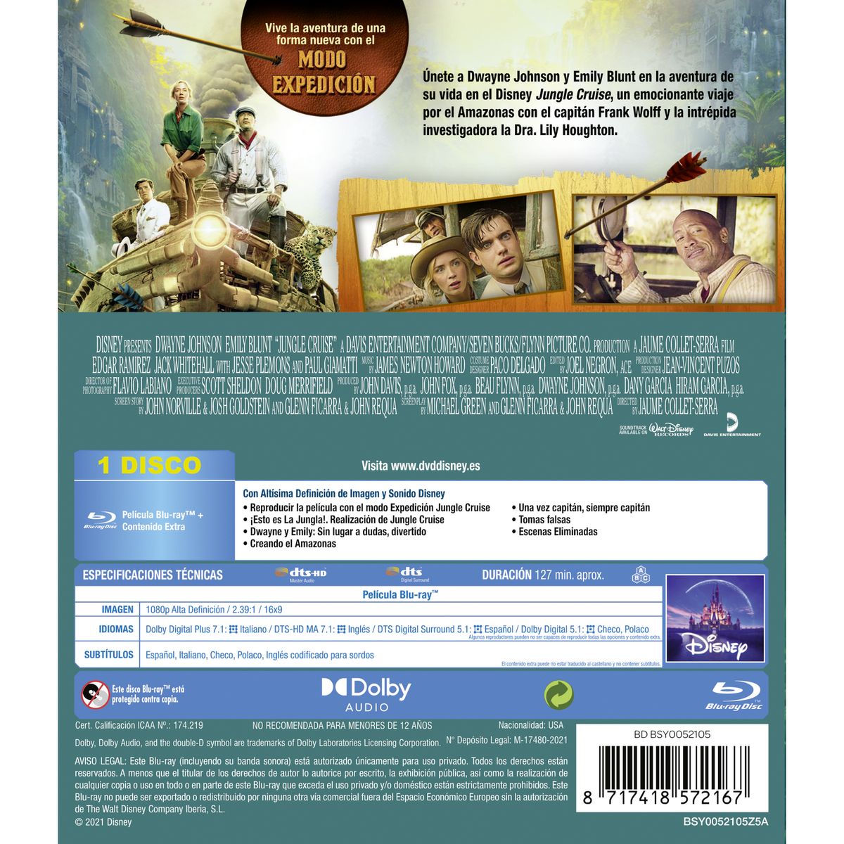 Contraportada de un DVD con texto e imágenes. Las características están en español. El título Jungle Cruise es visible.