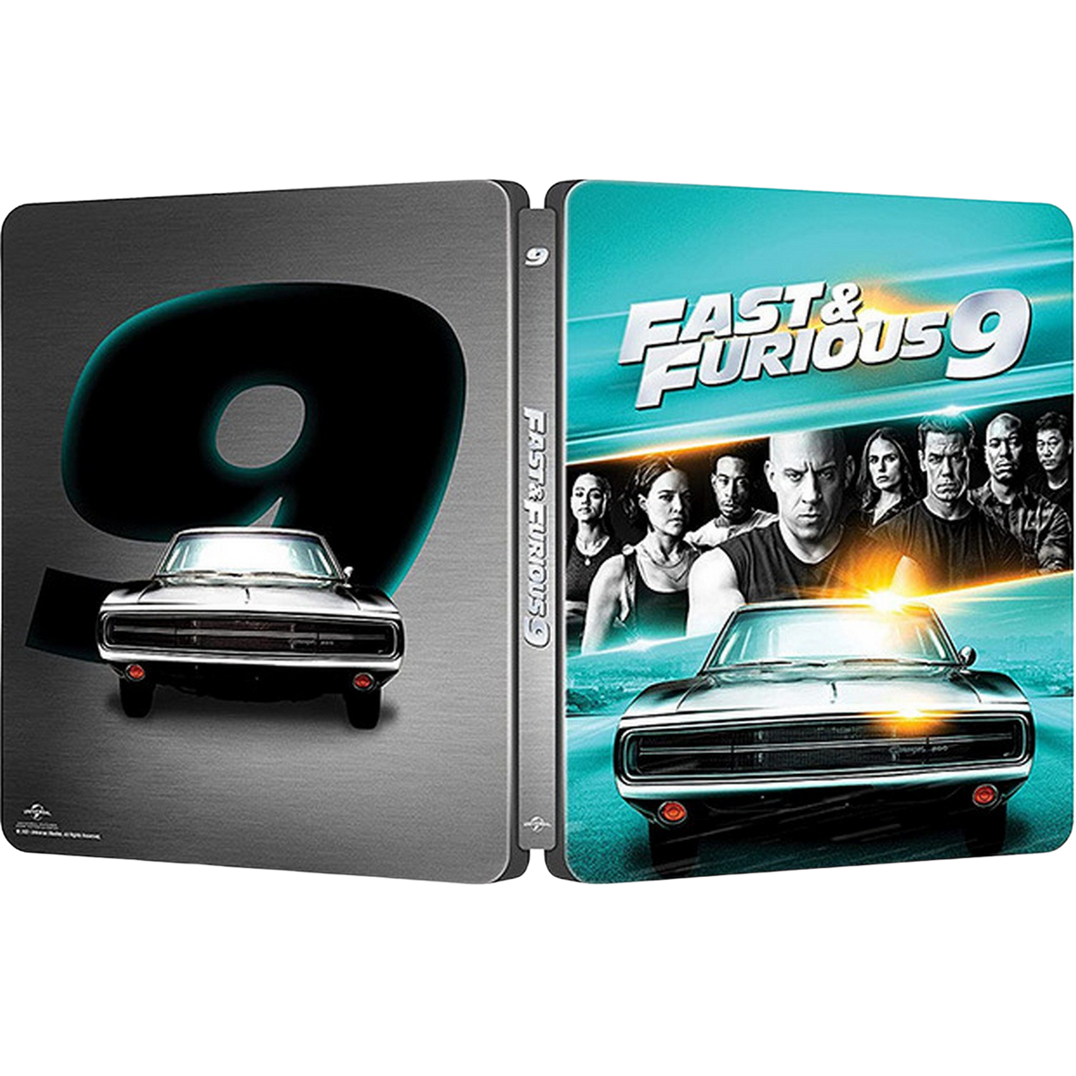 Estuche de DVD de Fast & Furious 9, con coches y actores. El número 9 es prominente.