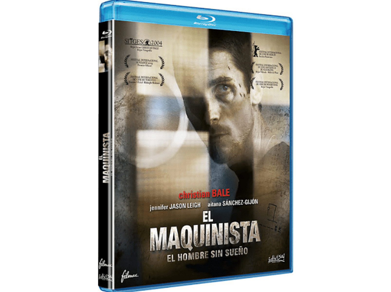 Caja de DVD con la cara de un hombre y texto en español, 'EL MAQUINISTA'.
