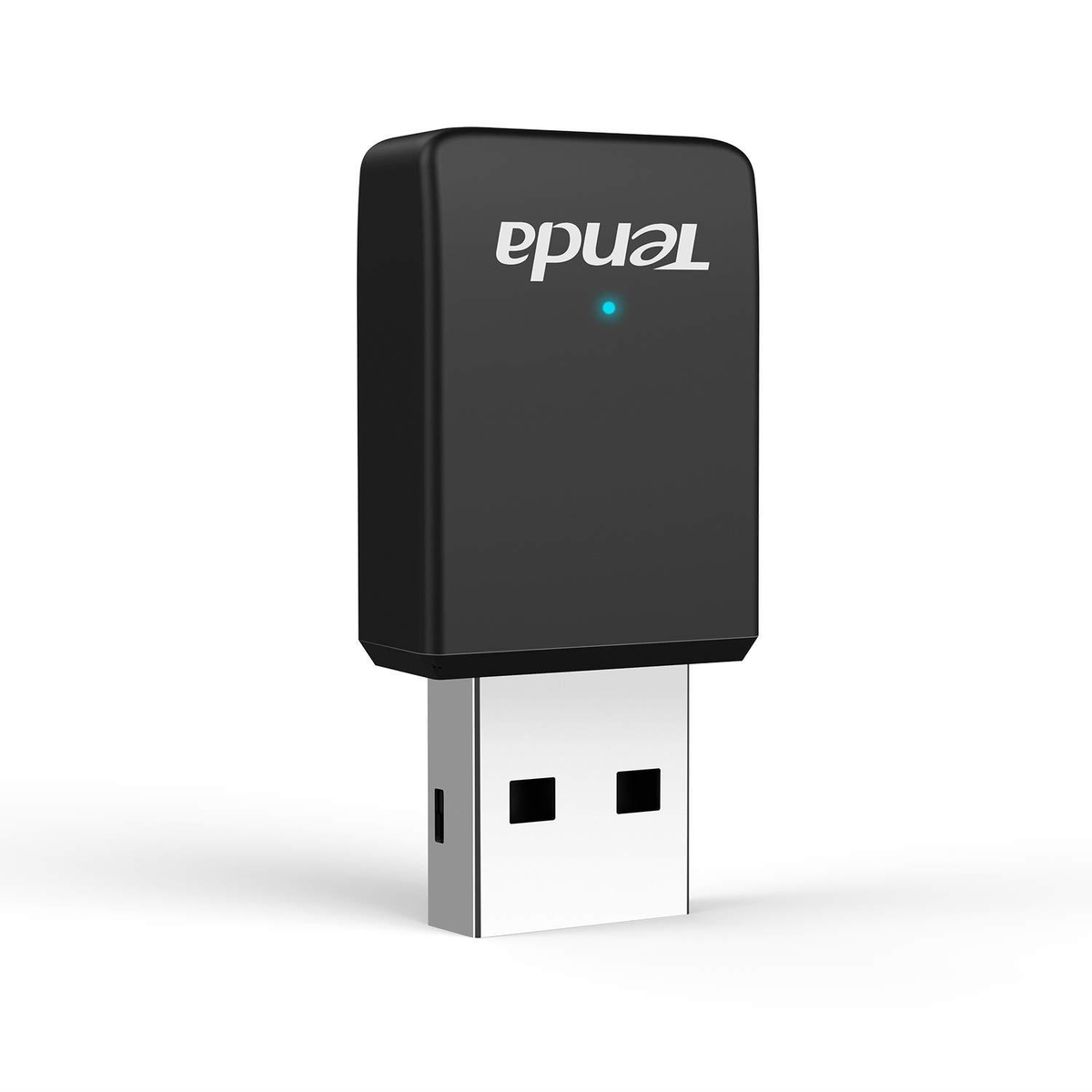 Adaptador WiFi USB Tenda negro, conectado a un puerto USB.