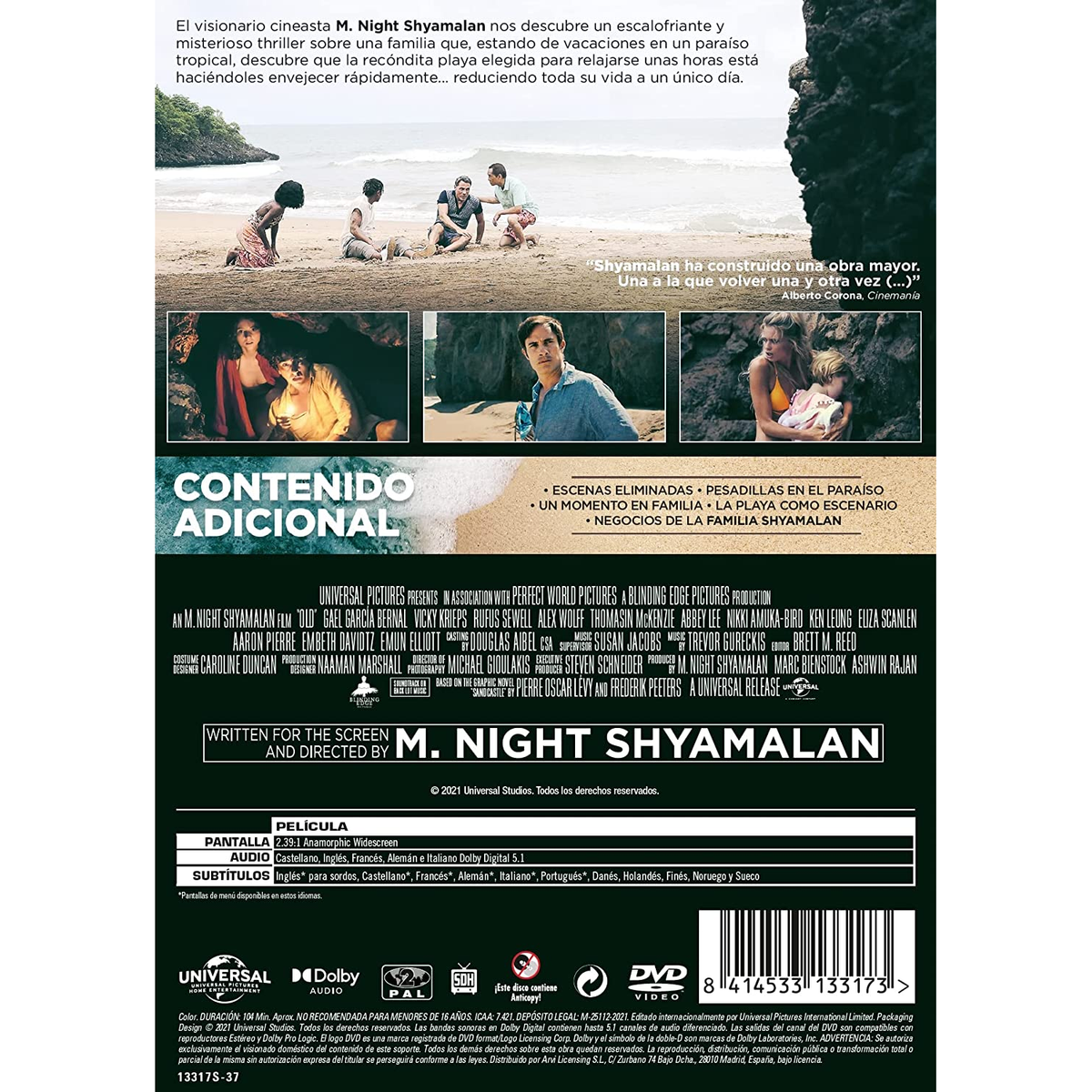 Funda de DVD de 'Old'. Se muestra una escena de playa, con una familia y texto en español.