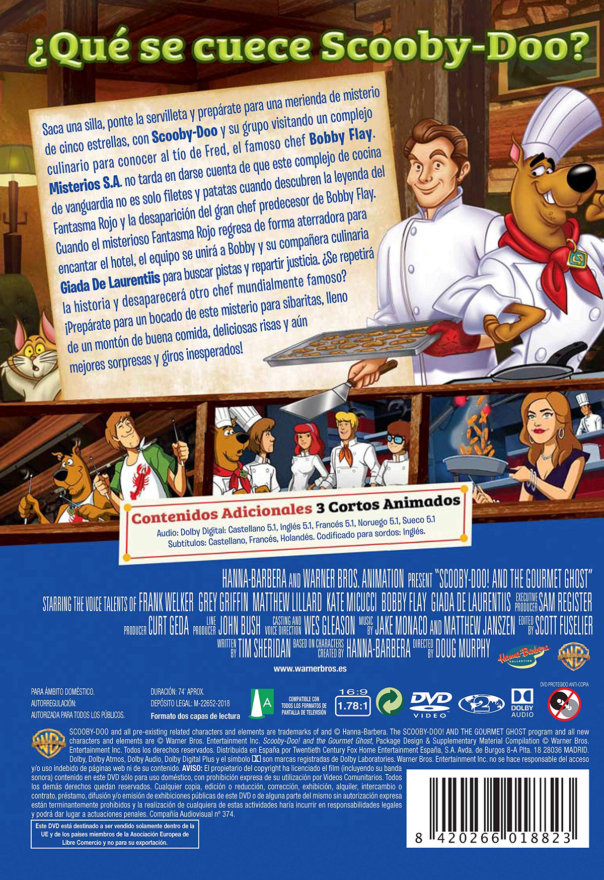 Parte trasera de una caja de DVD con personajes de dibujos animados, un chef e imágenes relacionadas con Scooby-Doo.