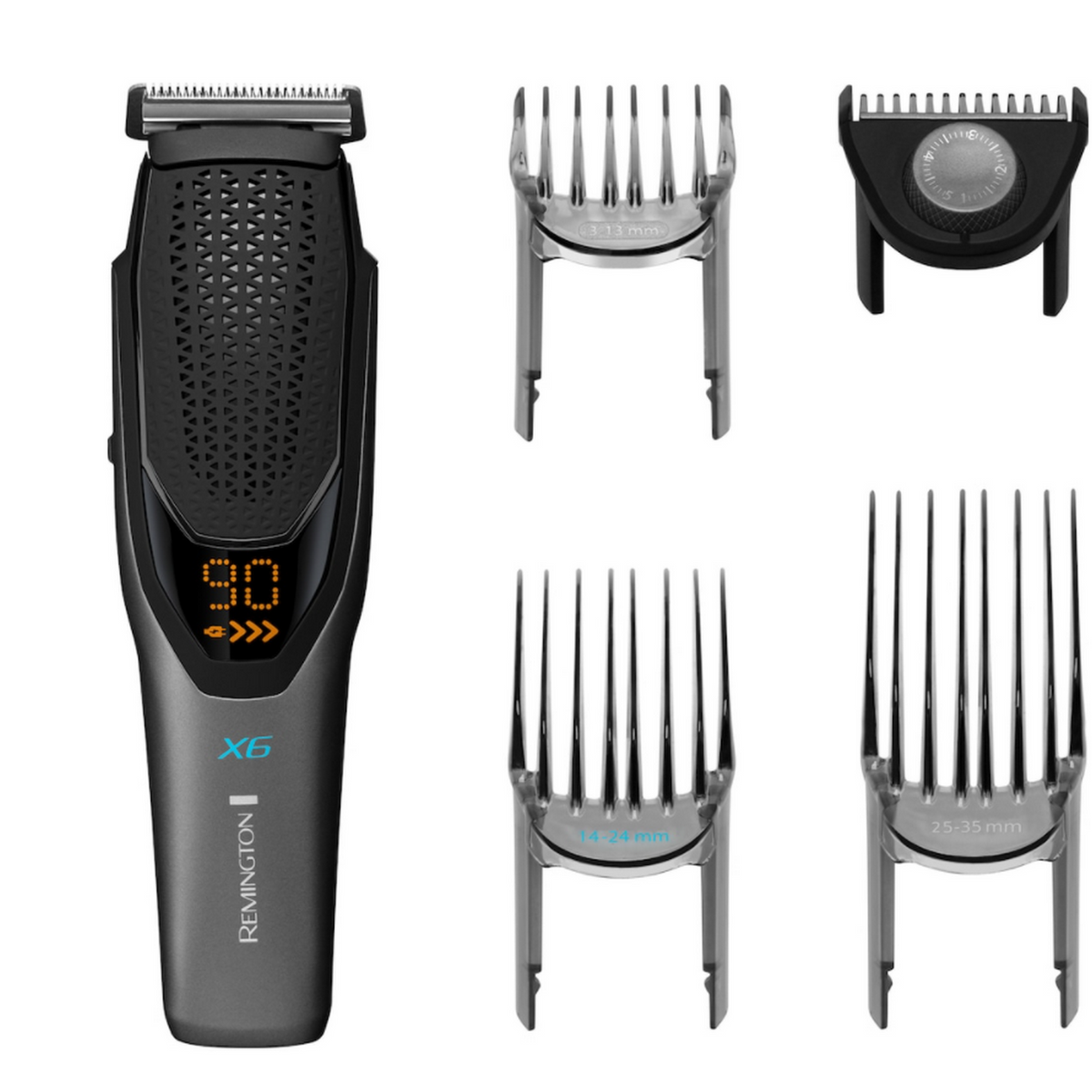 Tagliacapelli Remington X6 e accessori. Display digitale mostra 90 e frecce.