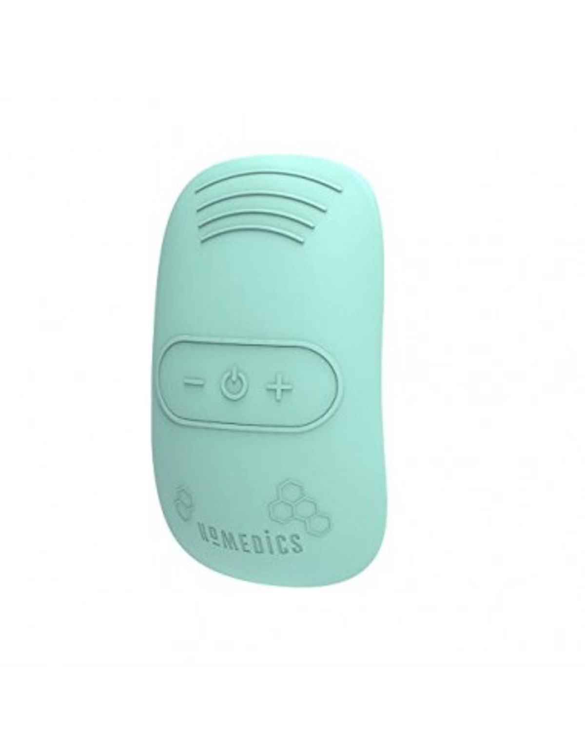 Dispositivo portatile verde menta con pulsanti. Pulsanti accensione/spegnimento, + e -. Esagono e logo in basso.