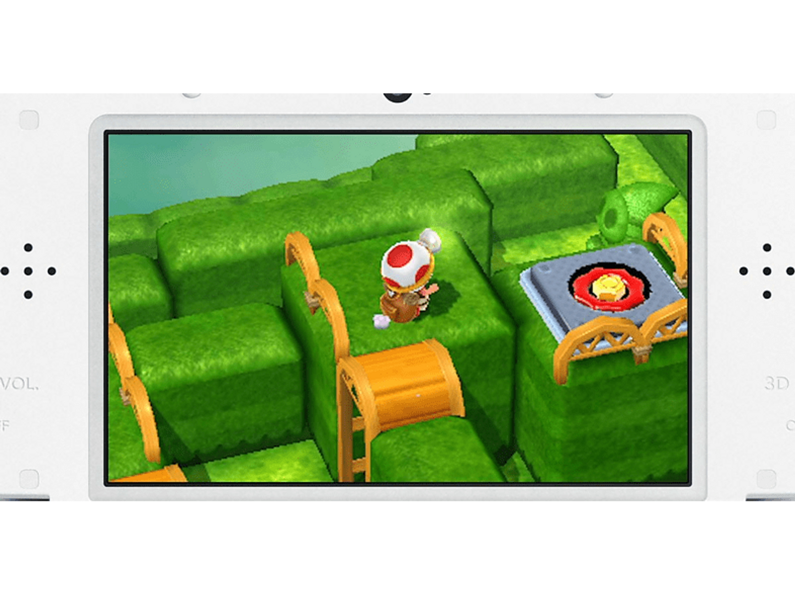 Scena z gry Captain Toad na ekranie 3DS. Toad na zielonym bloku z drewnianą barierką i czerwonym celem.