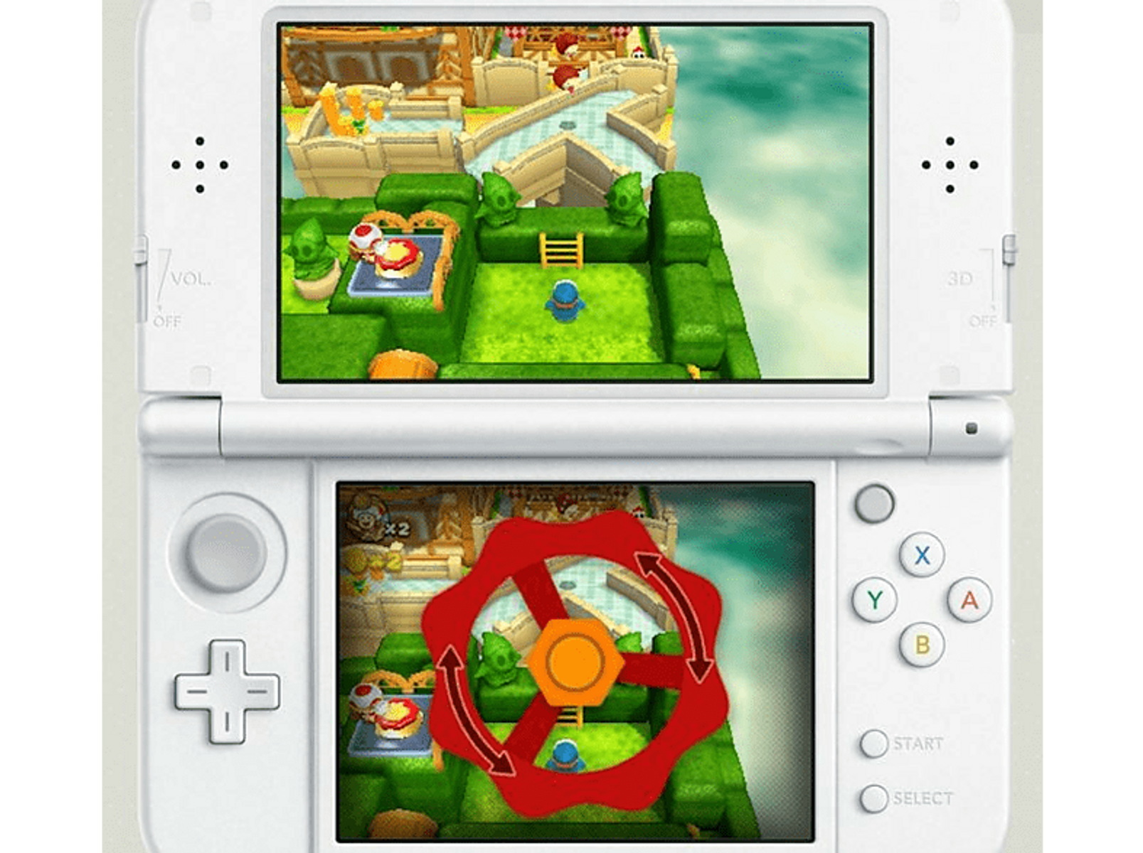 Gra 3DS pokazuje poziom z postacią i interfejs czerwonego koła na dolnym ekranie.