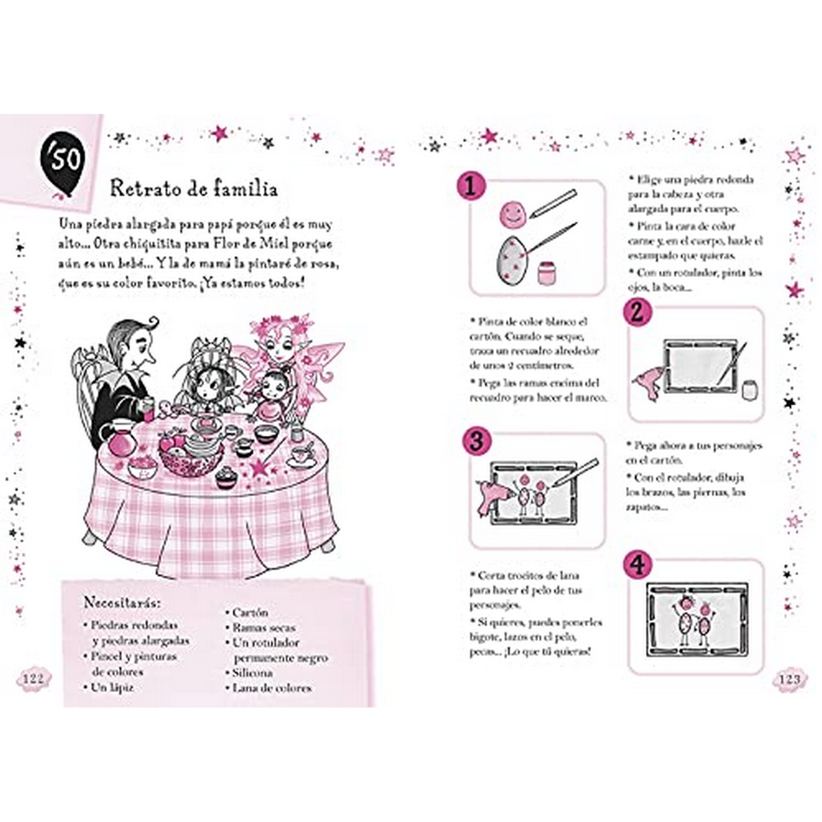 Doble página de un libro infantil con ilustraciones y texto sobre retratos familiares.