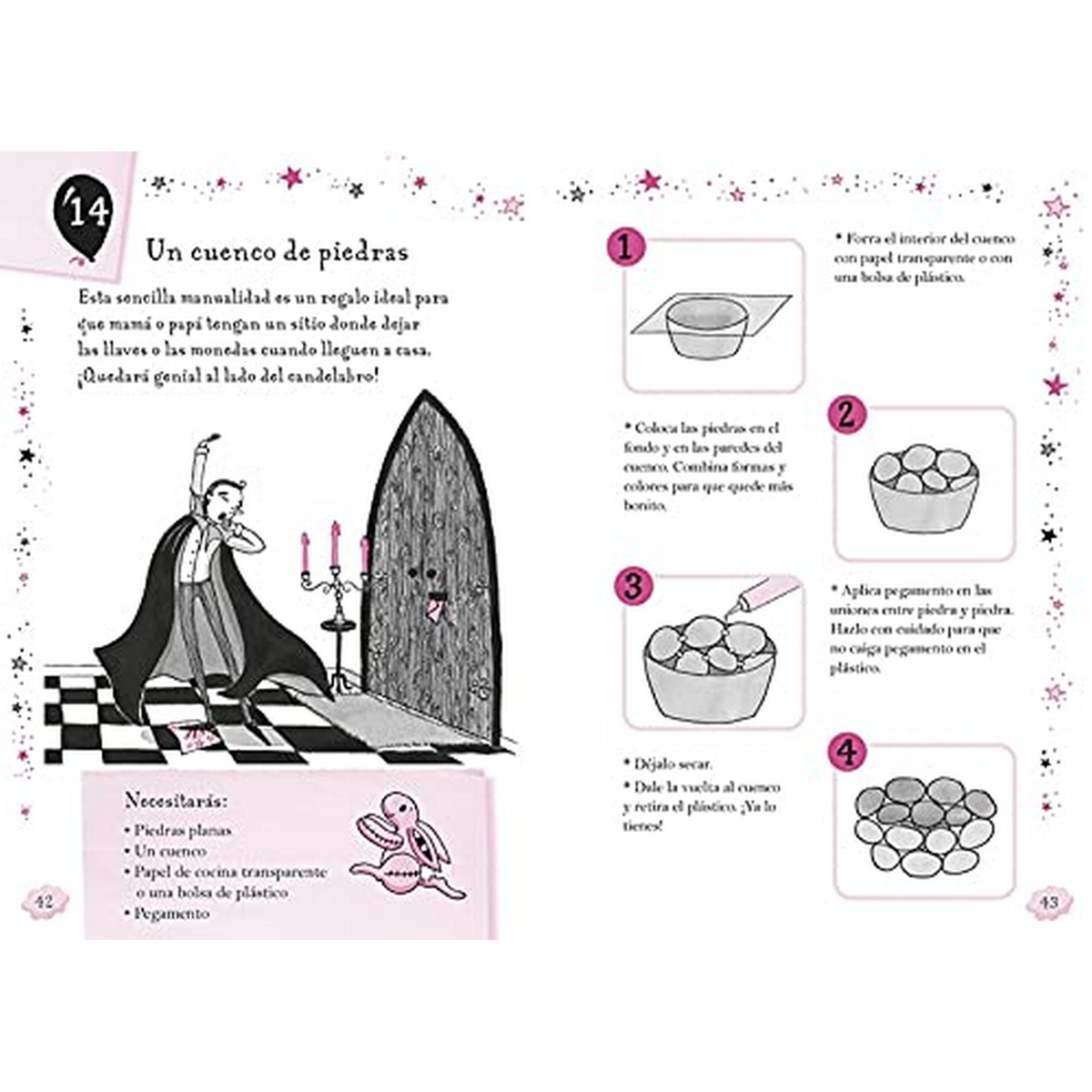 Página de libro con dibujos e instrucciones, manualidades con cuencos de piedra.