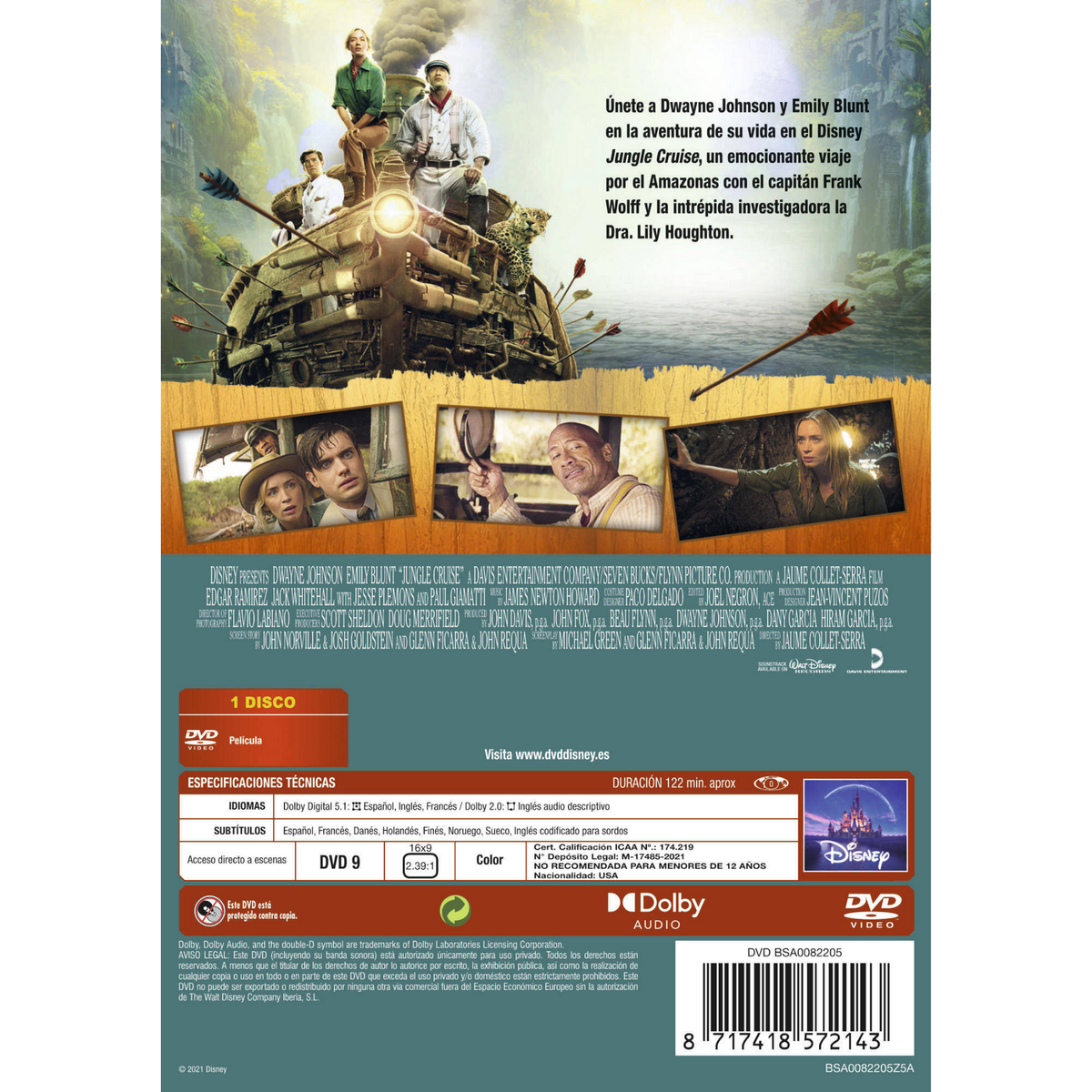 Portada de DVD de 'Jungle Cruise'. Dwayne Johnson y Emily Blunt en un barco, fondo de jungla.