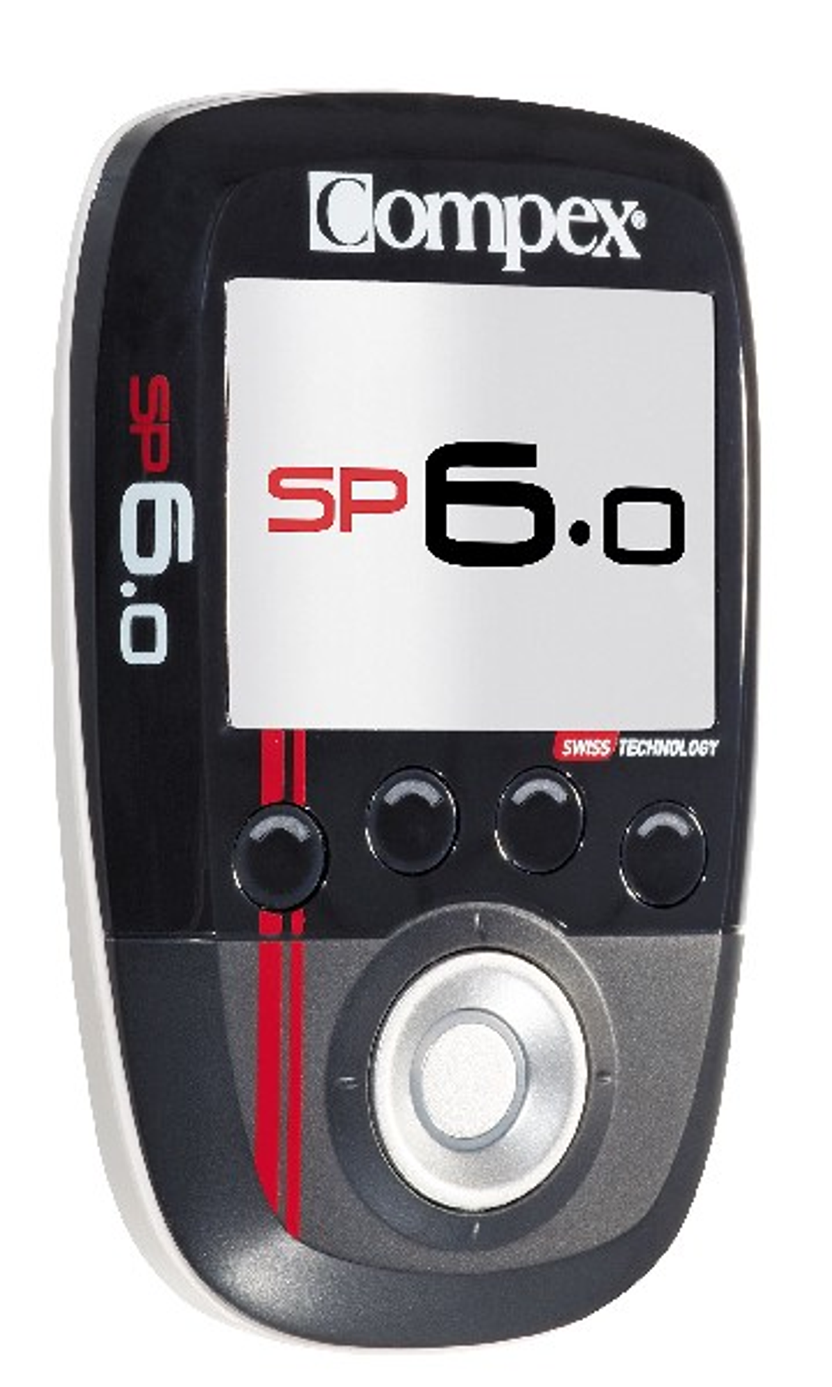 Dispositivo negro Compex SP 6.0 con pantalla, botones y dial.