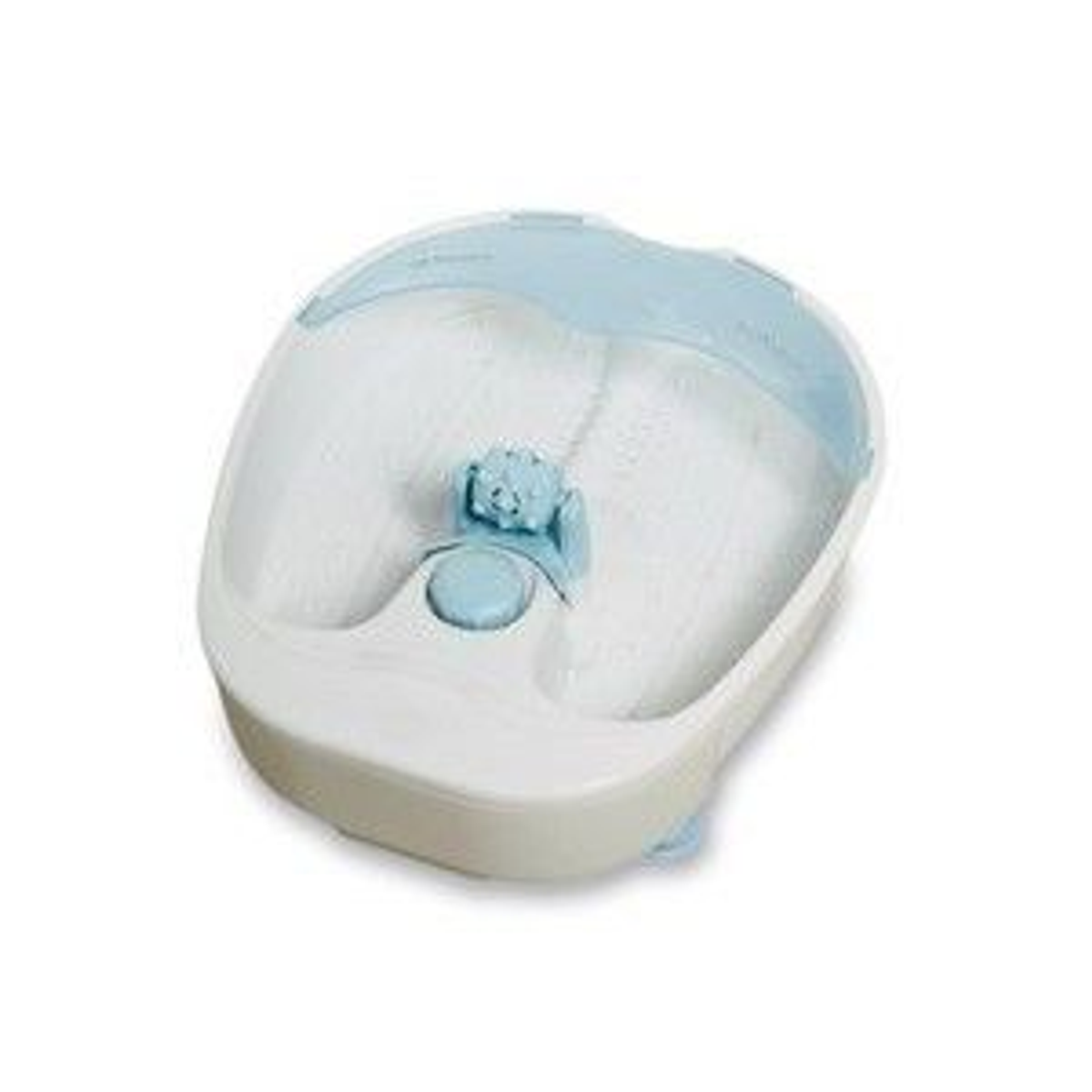 Bañera para pies, blanca y azul claro. Se ve un botón y un elemento azul.