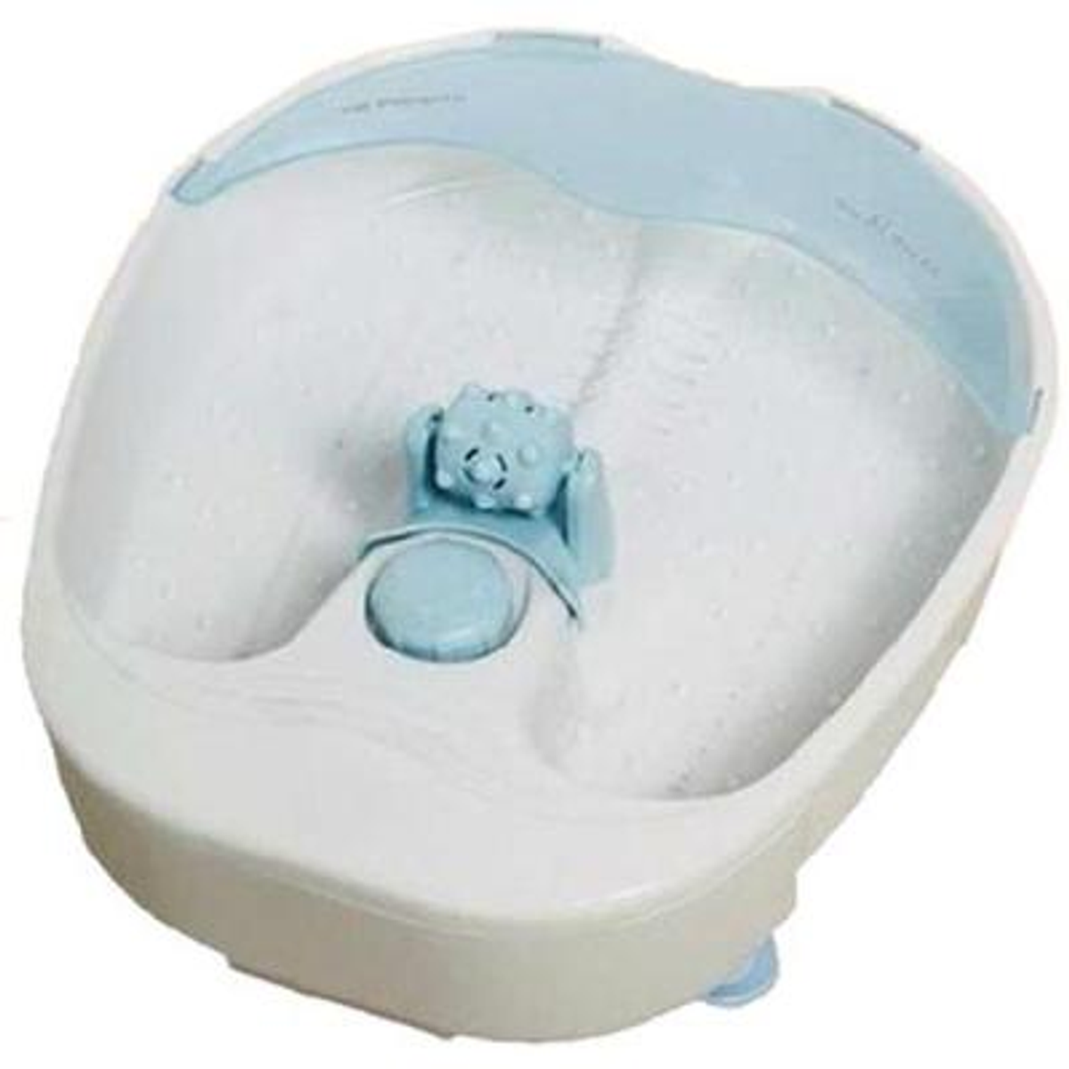 Bañera de pies blanca y azul. Tiene burbujas y un pequeño dispositivo azul en el centro.