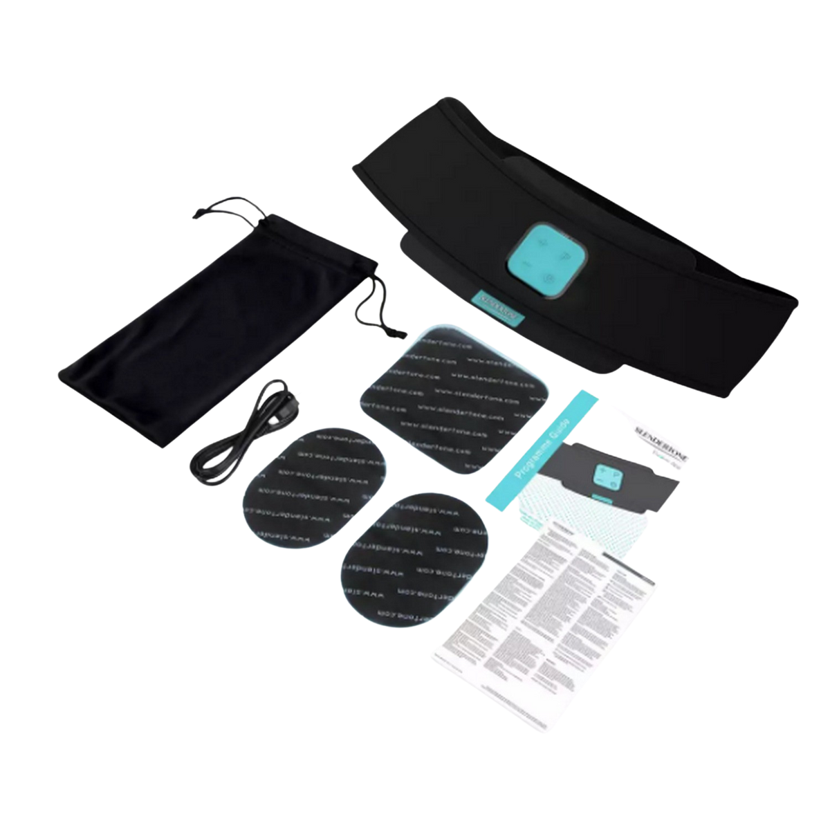 Schwarzes Fitness-Geräteset. Enthält einen Gürtel, Pads, eine kleine Tasche und ein Netzkabel. Weißer Hintergrund.