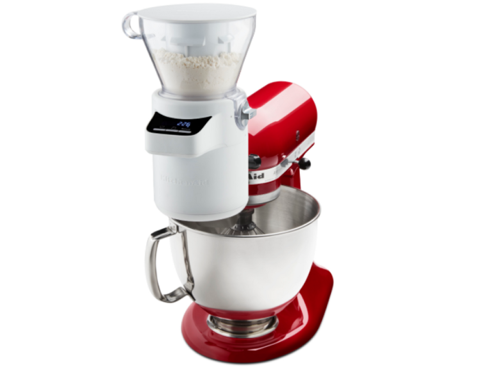 Eine rote KitchenAid Küchenmaschine mit einem weißen Getreidemühlenaufsatz.