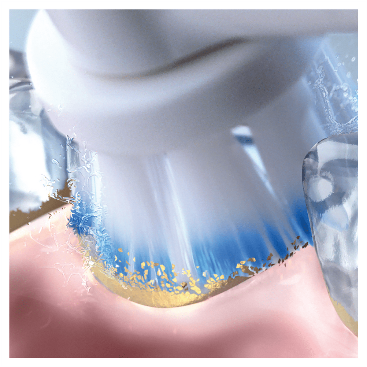 Primo piano di una testina di spazzolino con setole blu e particelle d'oro che puliscono i denti.