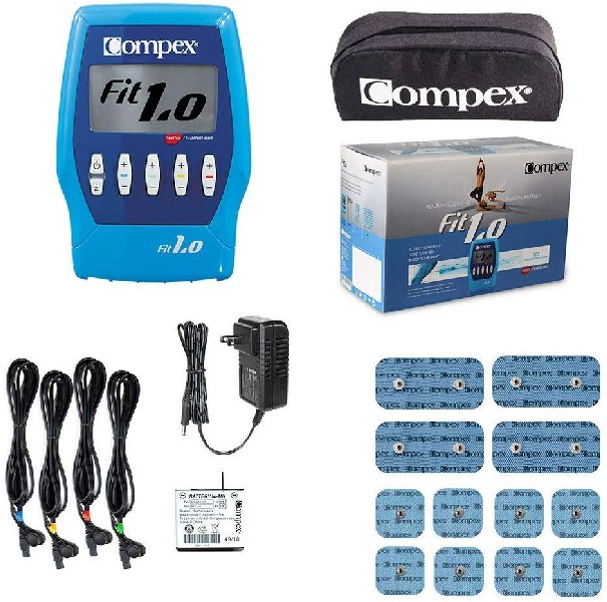 Kit de estimulador muscular Compex Fit 1.0, con varios componentes. Principalmente azul y negro.