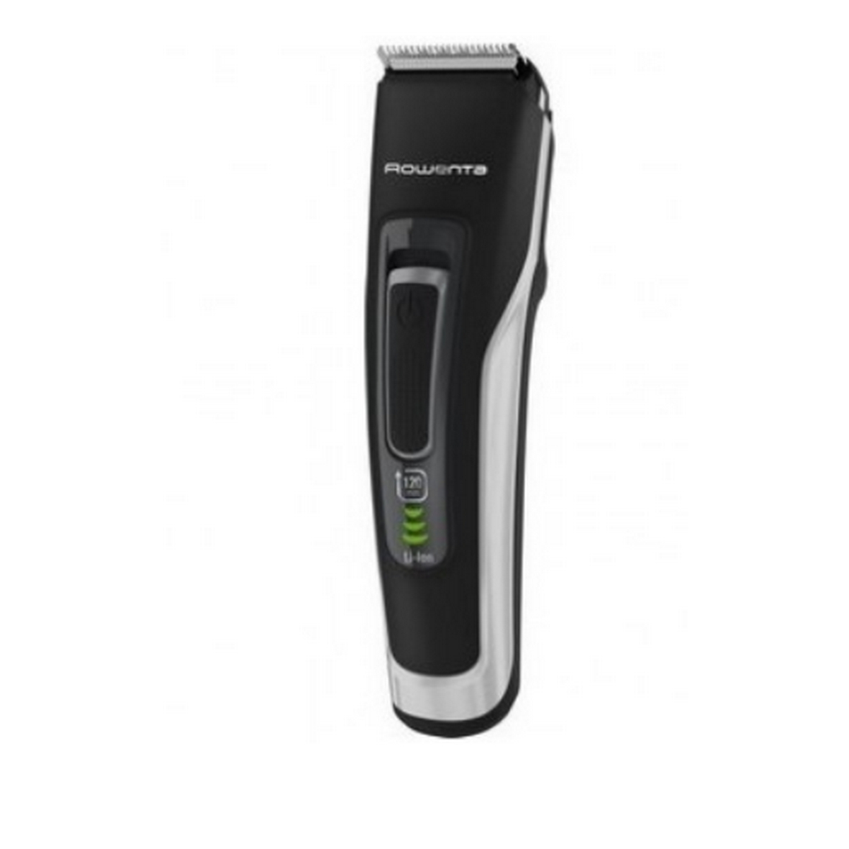 Recortadora de barba eléctrica negra y plateada con logotipo Rowenta.