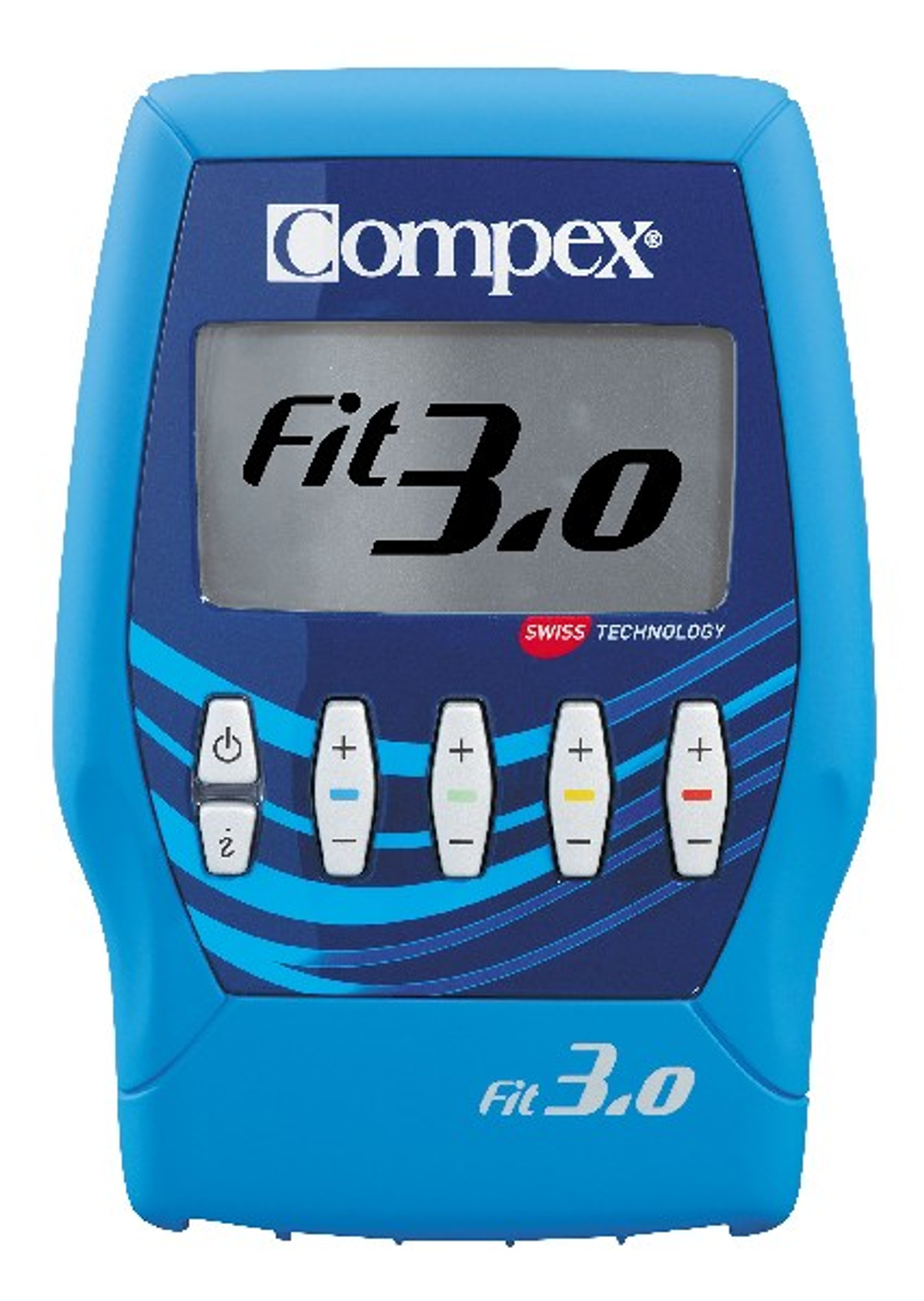 Dispositivo azul Compex Fit 3.0. Tiene una pantalla que muestra "Fit 3.0" y varios botones.