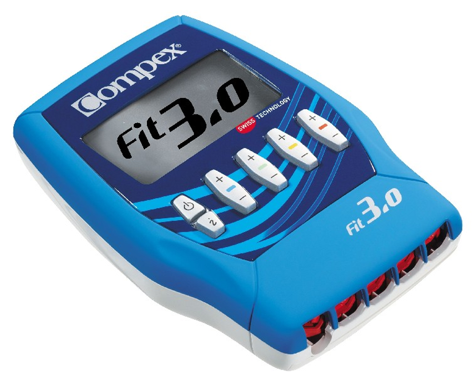 Un dispositivo Compex Fit 3.0 azul y blanco. Tiene una pantalla y varios botones.