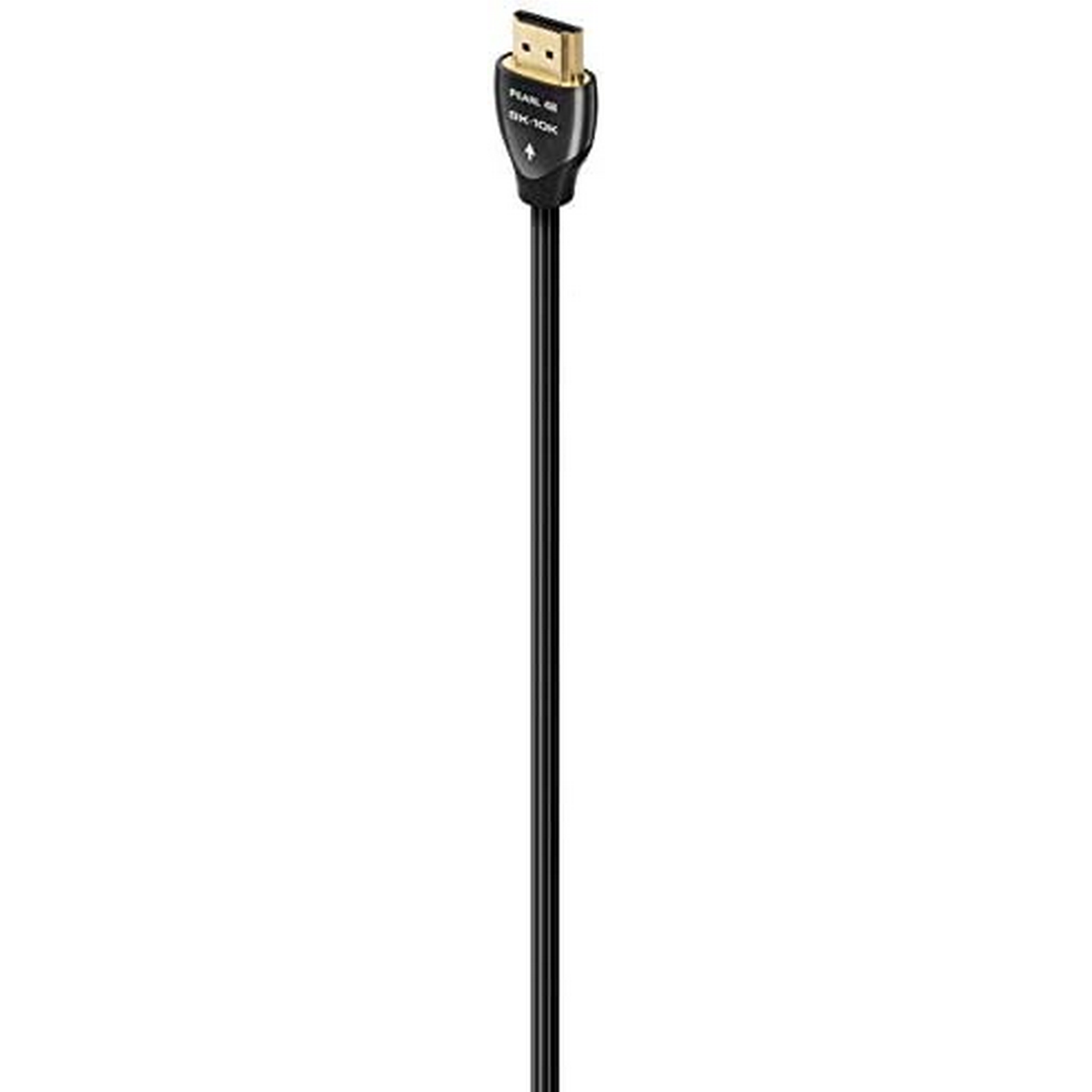 Altın konektörlü siyah HDMI kablosu. Ok yukarıyı gösteriyor.