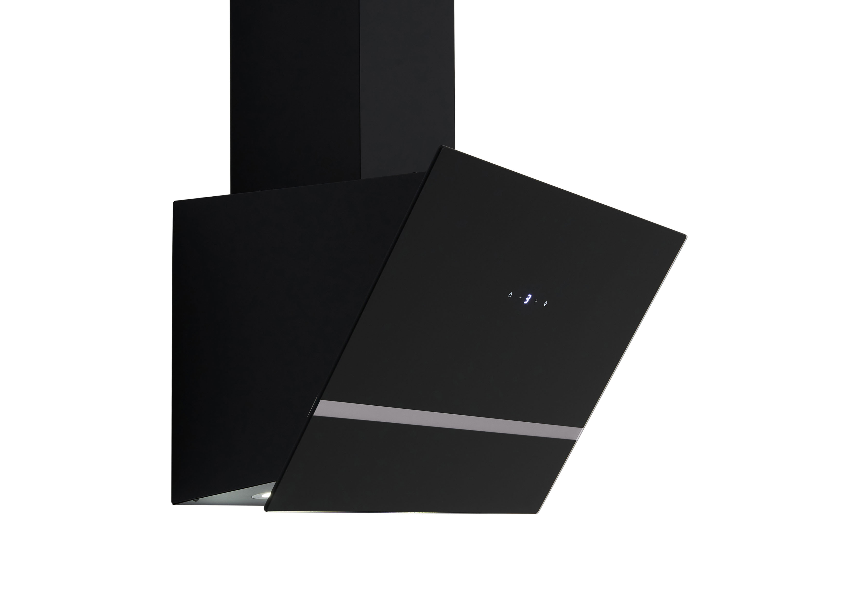 Black cooker hood with a sloped design. The background is white.