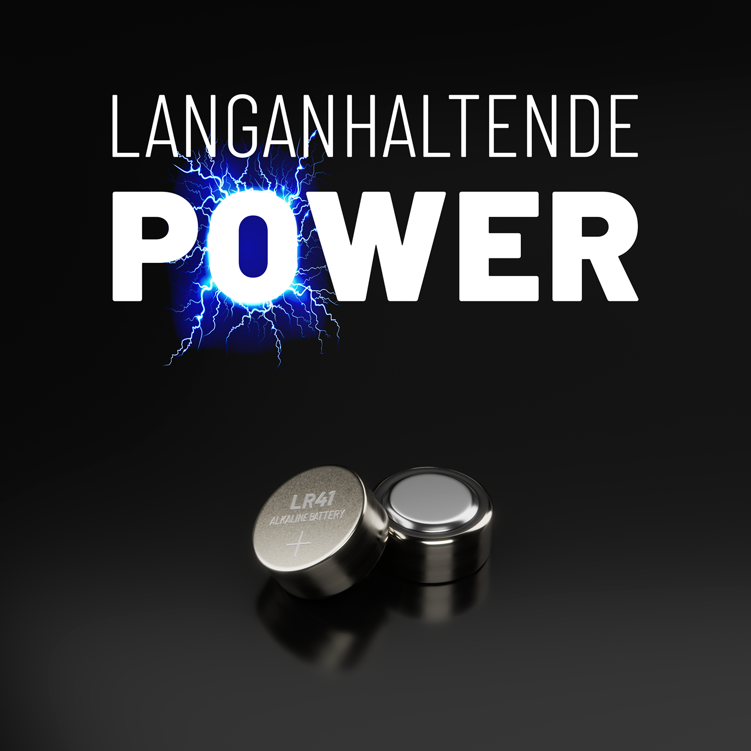 Zwei silberne LR41 Batterien mit Text: LR41 ALKALINE BATTERY. Blitze.