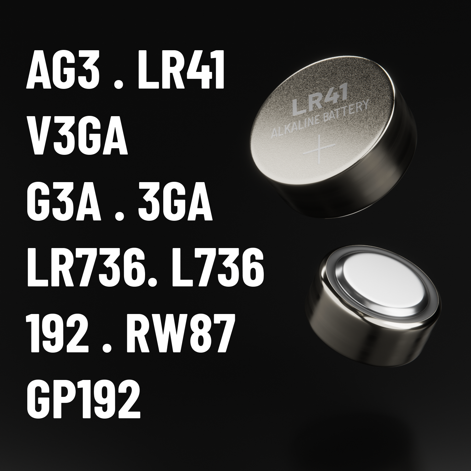 Zwei Knopfzellenbatterien und Text, der verschiedene Typen angibt: AG3, LR41, V3GA usw.