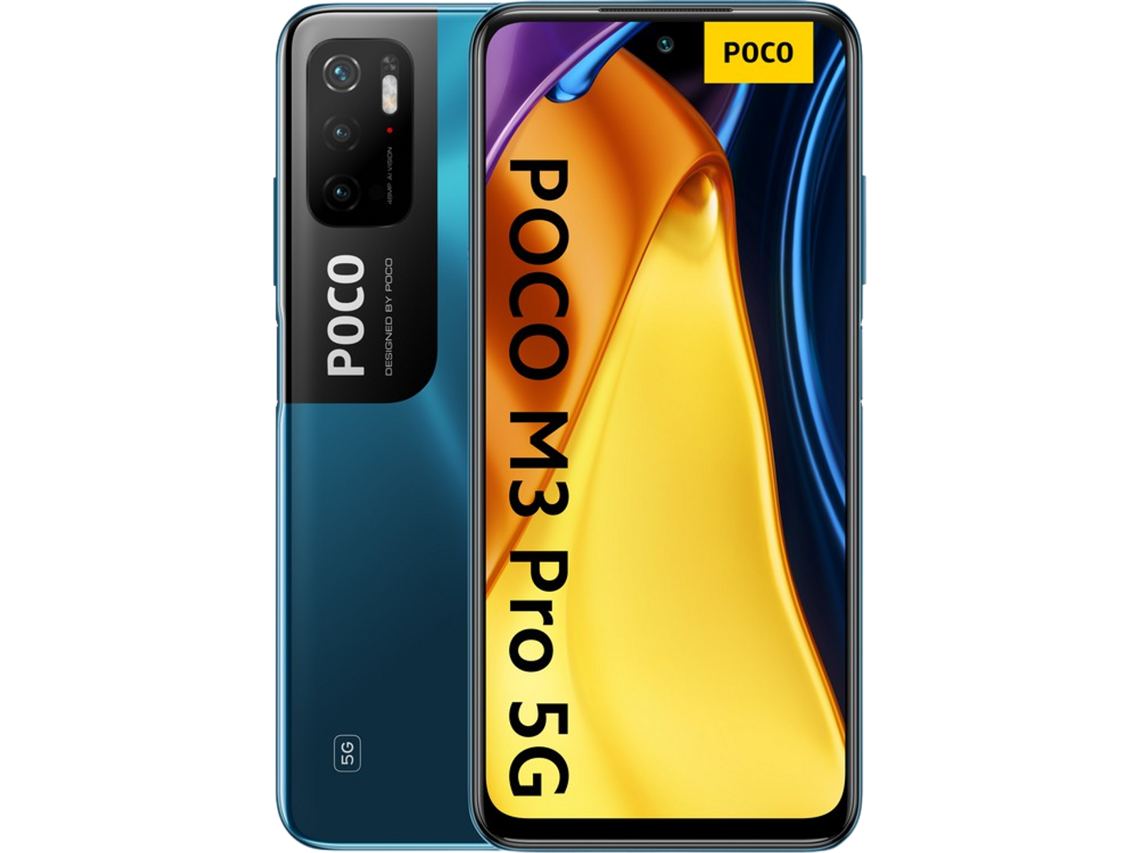 Turkusowy i czarny smartfon, marki Poco M3 Pro 5G, z wieloma aparatami. Ekran wyświetla pomarańczową grafikę.