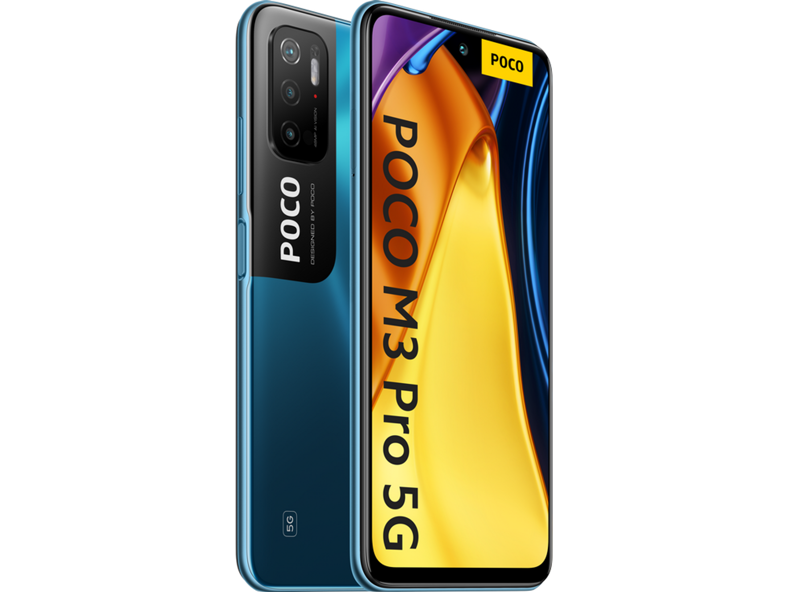 Niebieski telefon POCO M3 Pro 5G, z zestawem aparatów i ekranem wyświetlającym obraz.