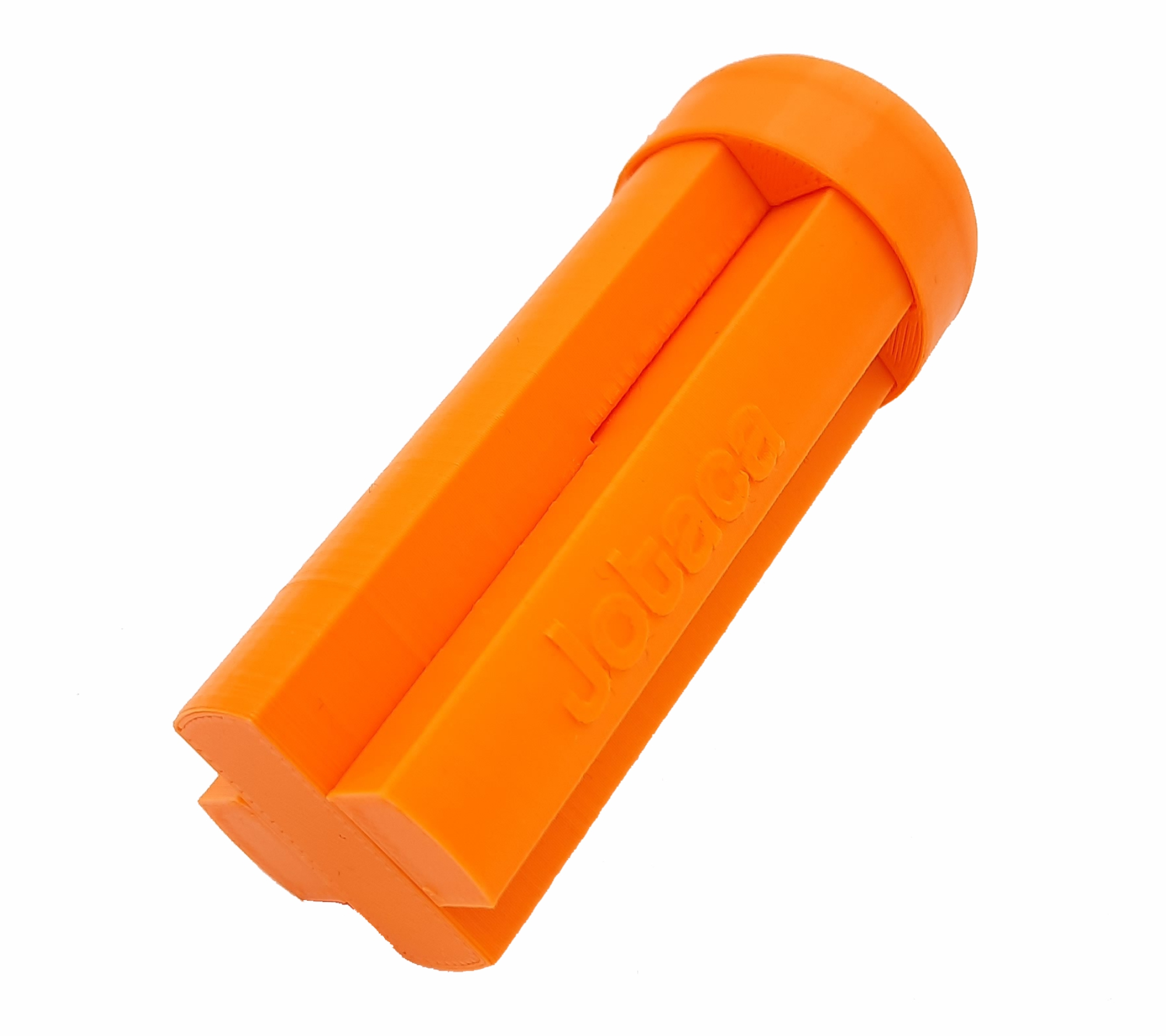 Ein orangefarbenes Jobaca-Werkzeug auf weißem Grund. Zylindrisch und mit besonderer Form.