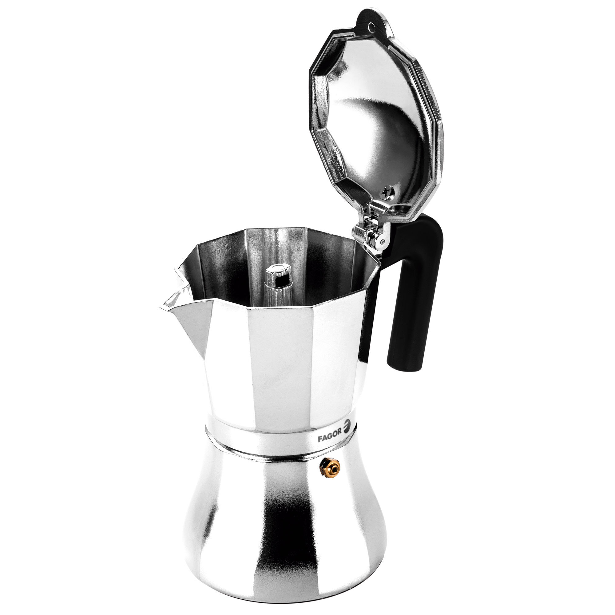 Caffettiera argentata con coperchio aperto, manico nero, su sfondo bianco.