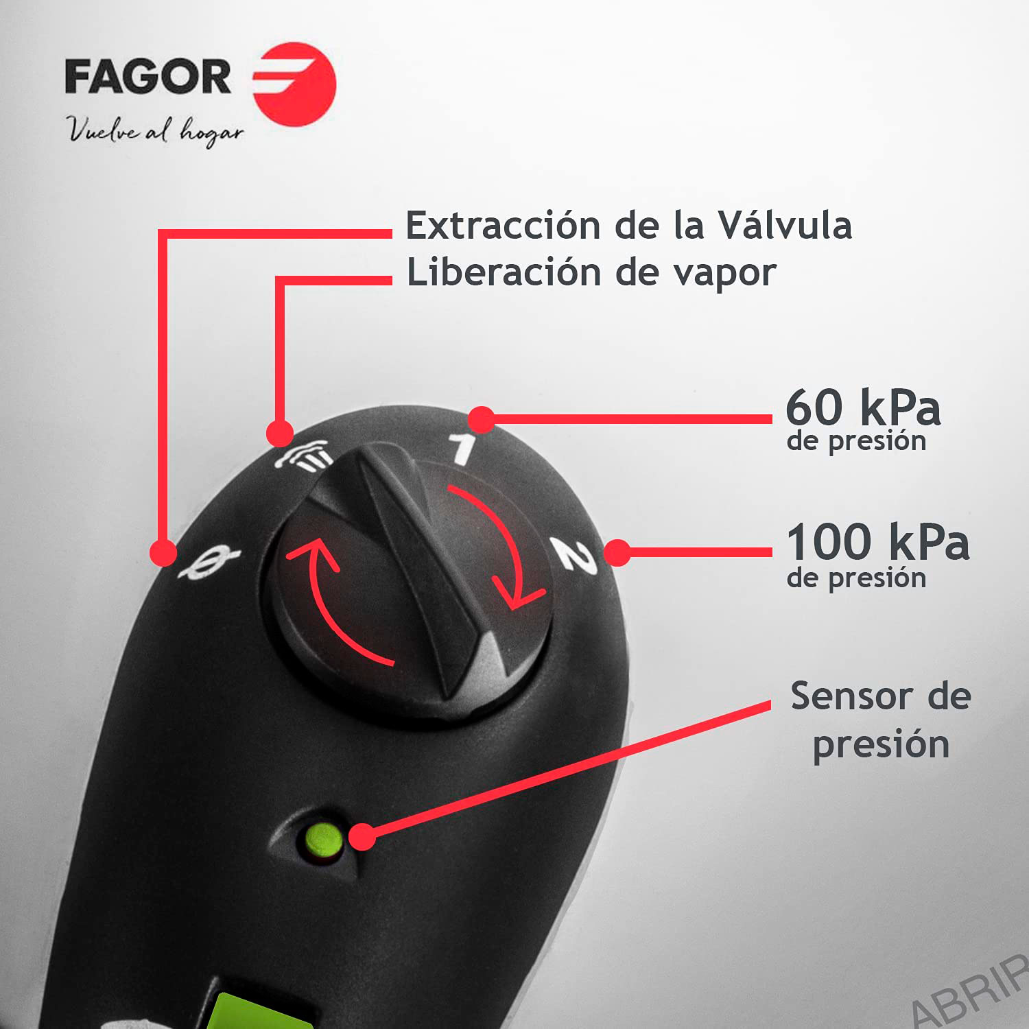 Un primer plano del panel de control de una olla a presión Fagor con texto y flechas.