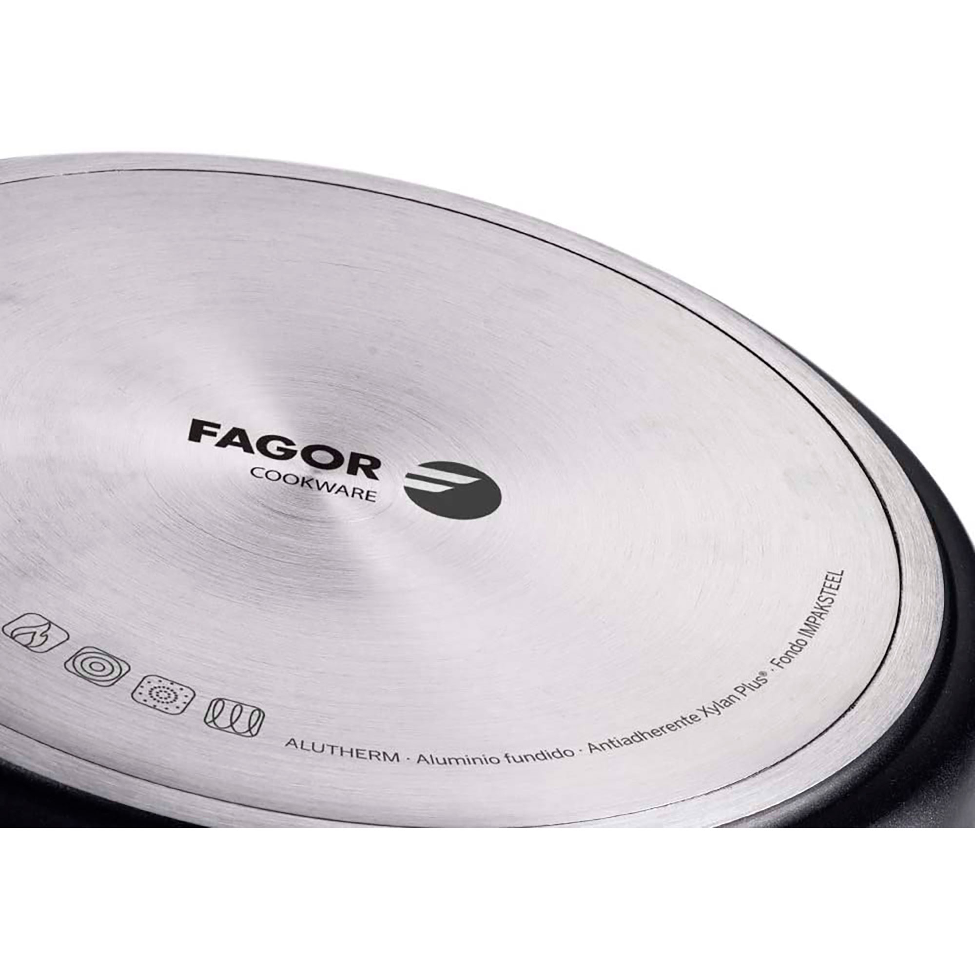 La parte inferior de una sartén Fagor, con el logotipo y el texto ALUTHERM visibles.