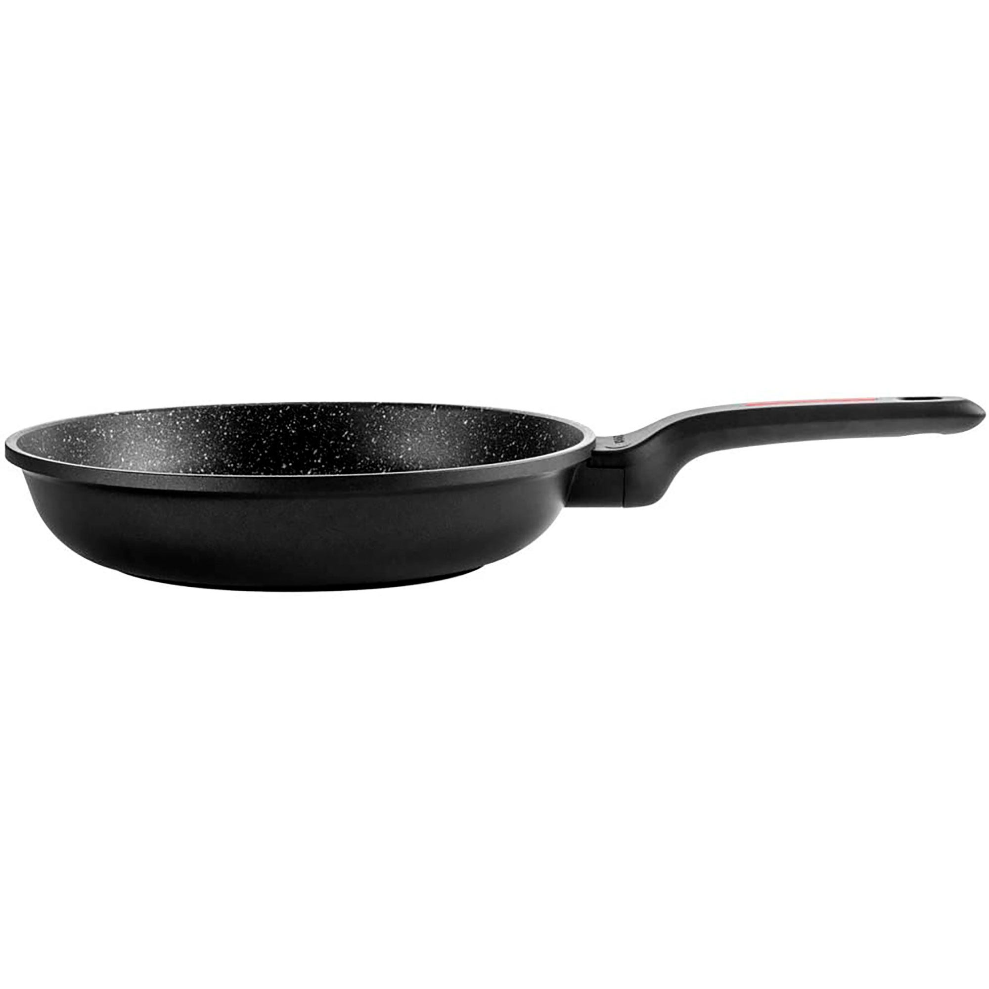 Sartén negra con interior moteado, con un mango largo negro.