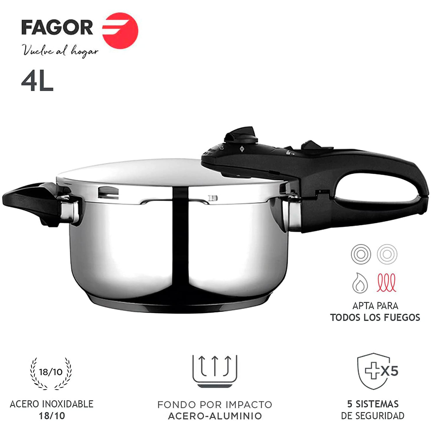 Una olla a presión de acero inoxidable con mango negro y características de seguridad está en exhibición.
