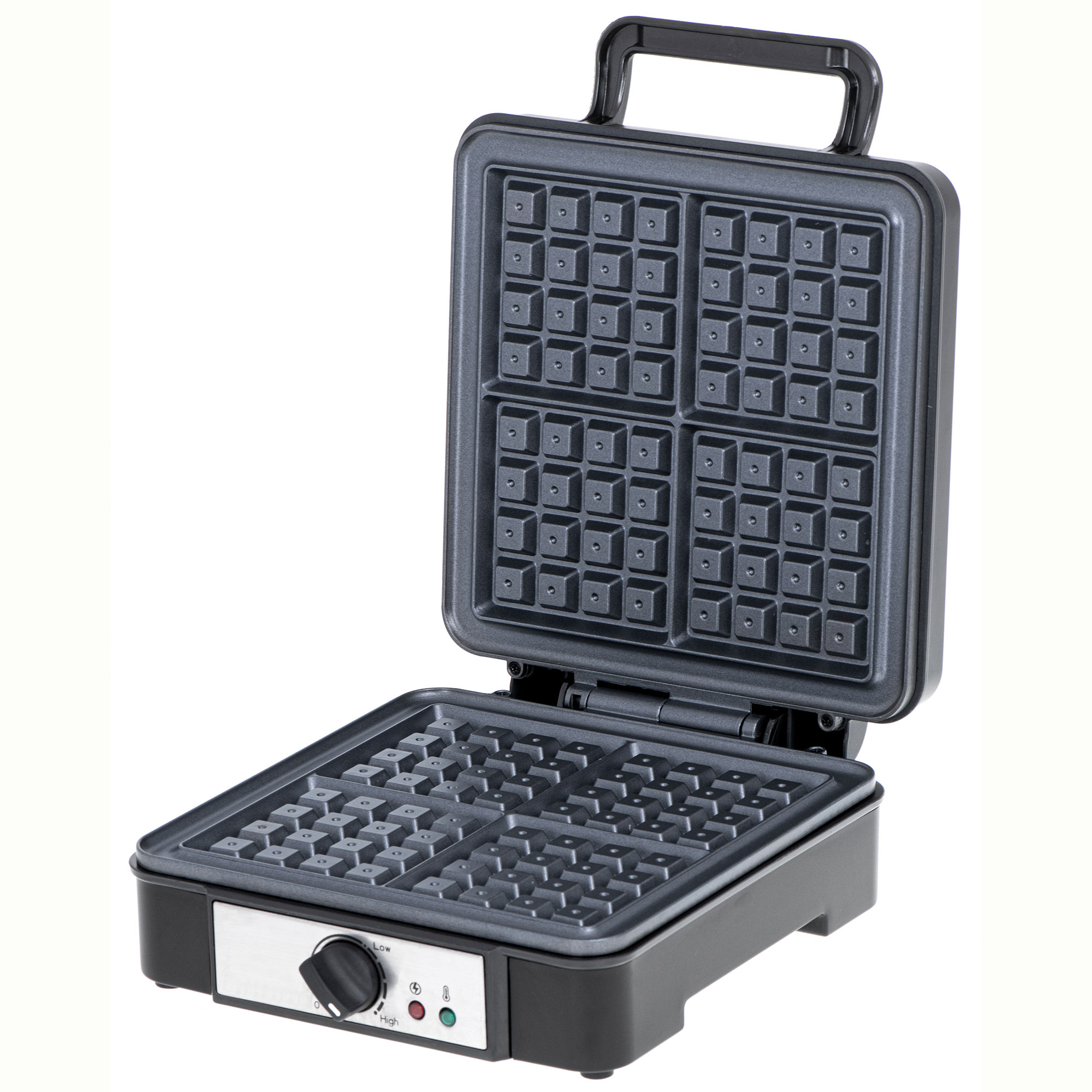 Otwarta gofrownica z 4 sekcjami na gofry, czarny wygląd i pokrętło sterowania.