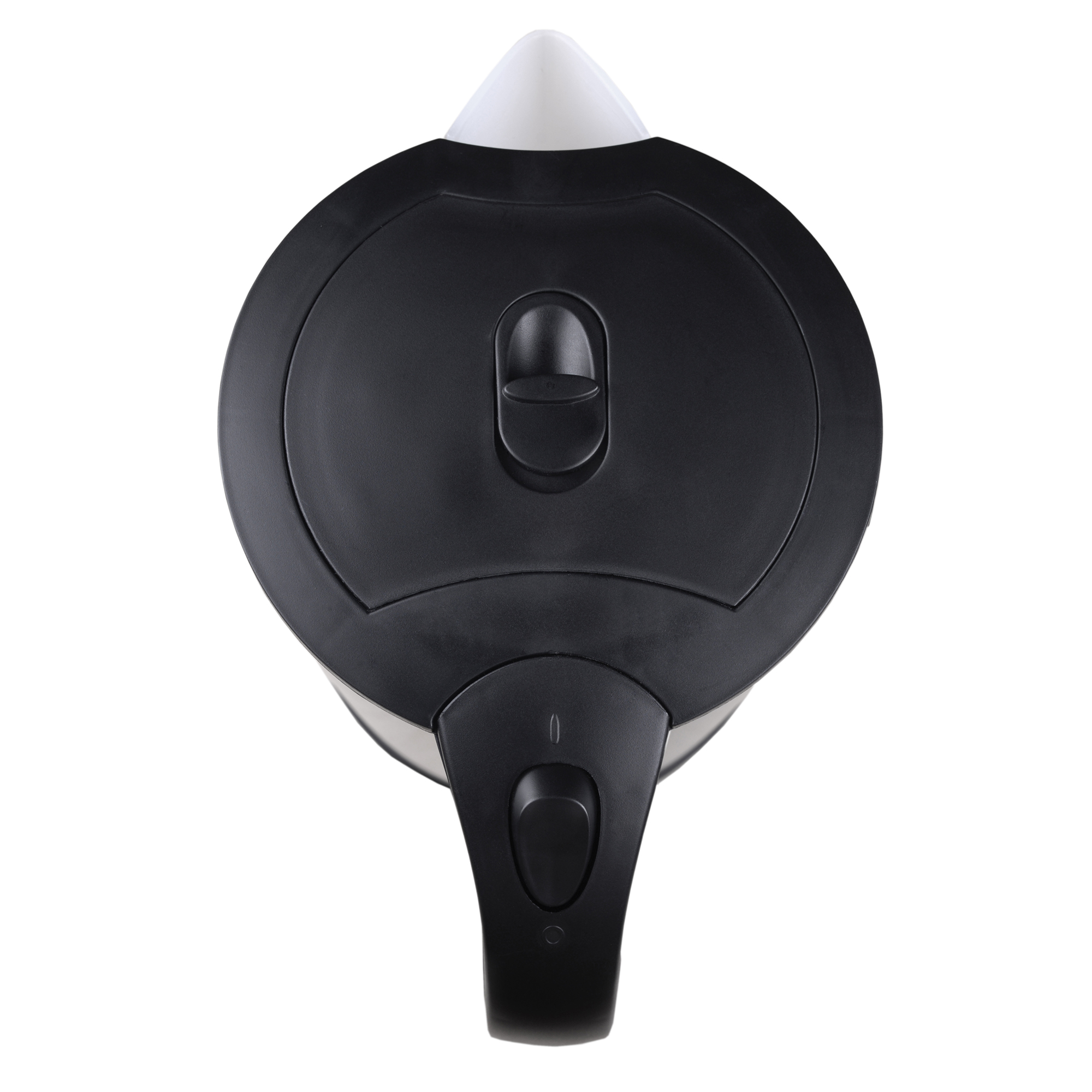 Widok z góry na czajnik elektryczny w kolorze czarnym i srebrnym z białą pokrywą.