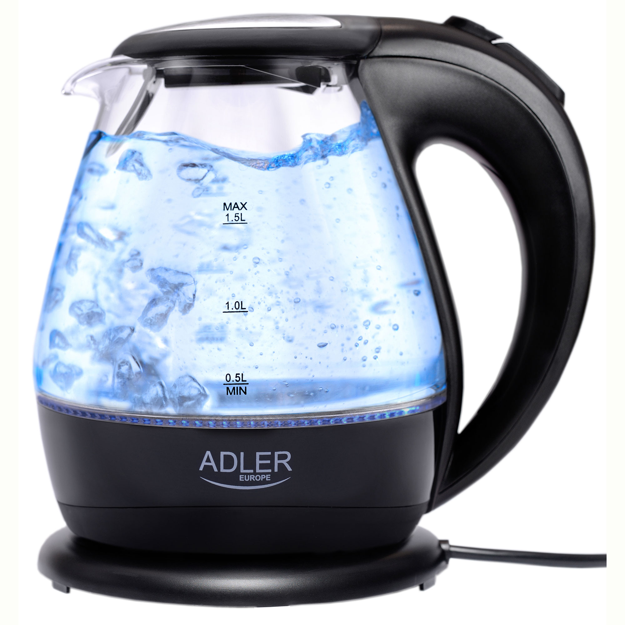 Hervidor de agua - AD 1224, Hervidor Agua Eléctrico 1,5 Litros Jarra Cristal Inalámbrica Retroiluminada, Apagado Automá ADLER, 2200 W, 1.5 l, Negro