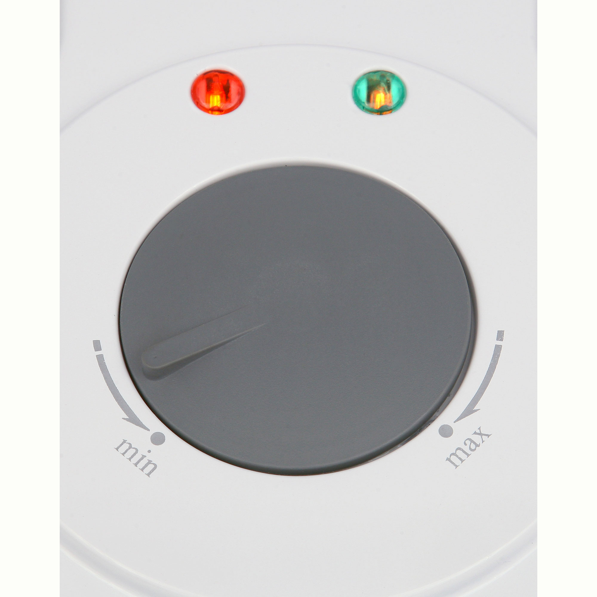 White device dial with a grey center. Has min and max indicators, and red/green lights.