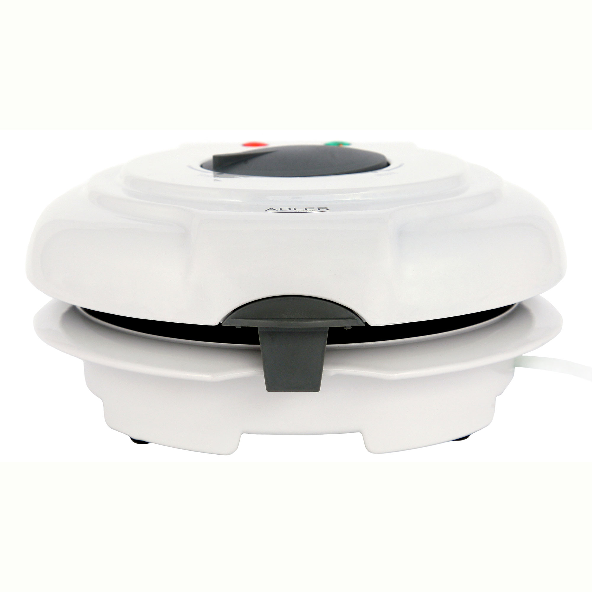 White waffle maker machine. It has a lid and is on a white surface. Isolated on white.