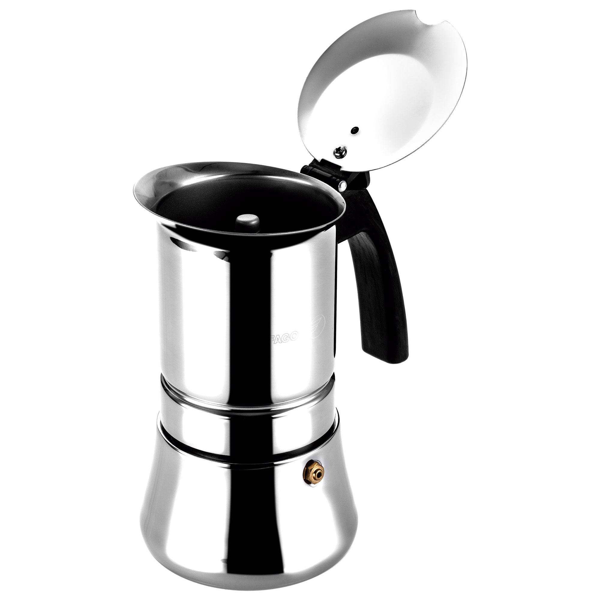 Cafetera de acero inoxidable con la tapa abierta. El asa es negra y la base tiene forma redondeada.