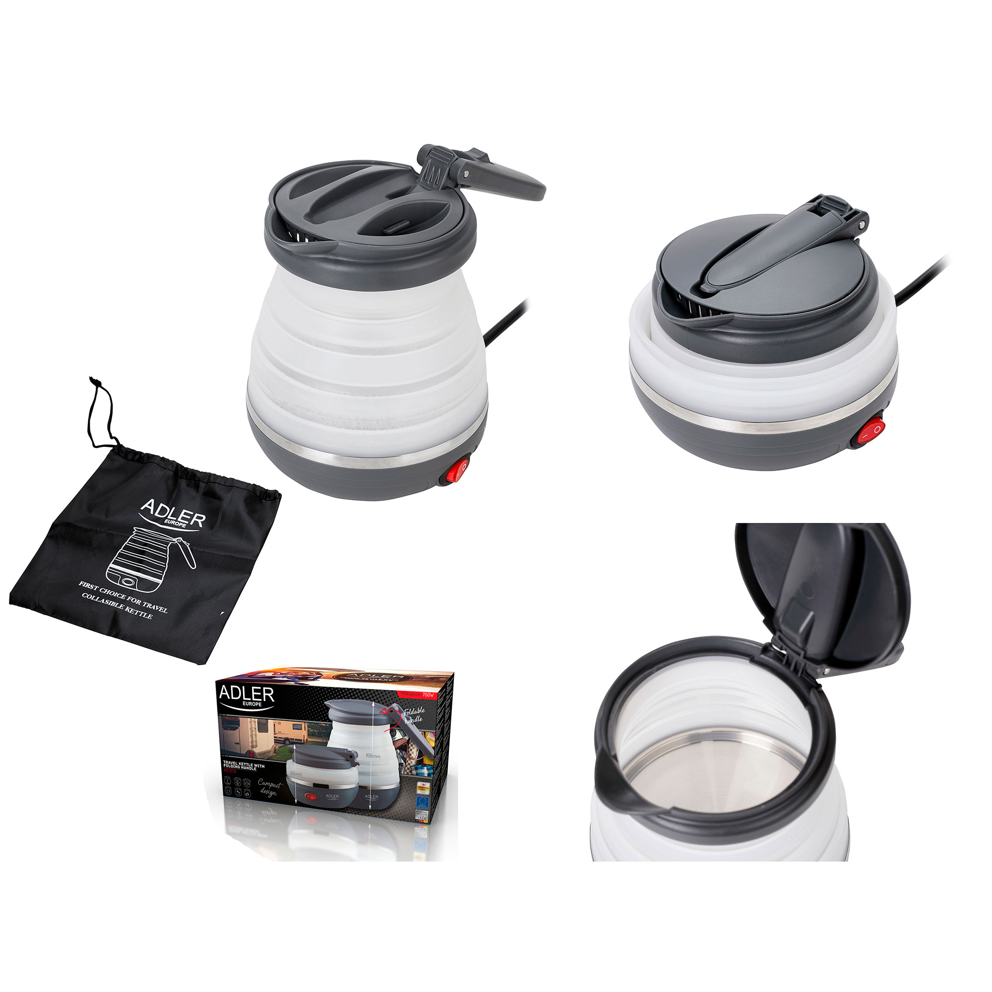 Składany czajnik podróżny. Pokazuje otwarty i zamknięty, z torbą transportową i pudełkiem.