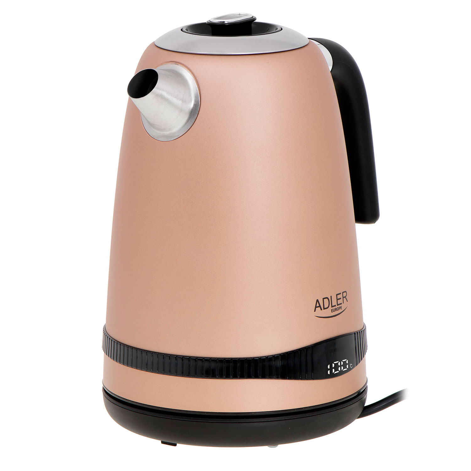 Ein roségoldener Wasserkocher, schwarzer Griff und Sockel mit Digitalanzeige, die '100' anzeigt.