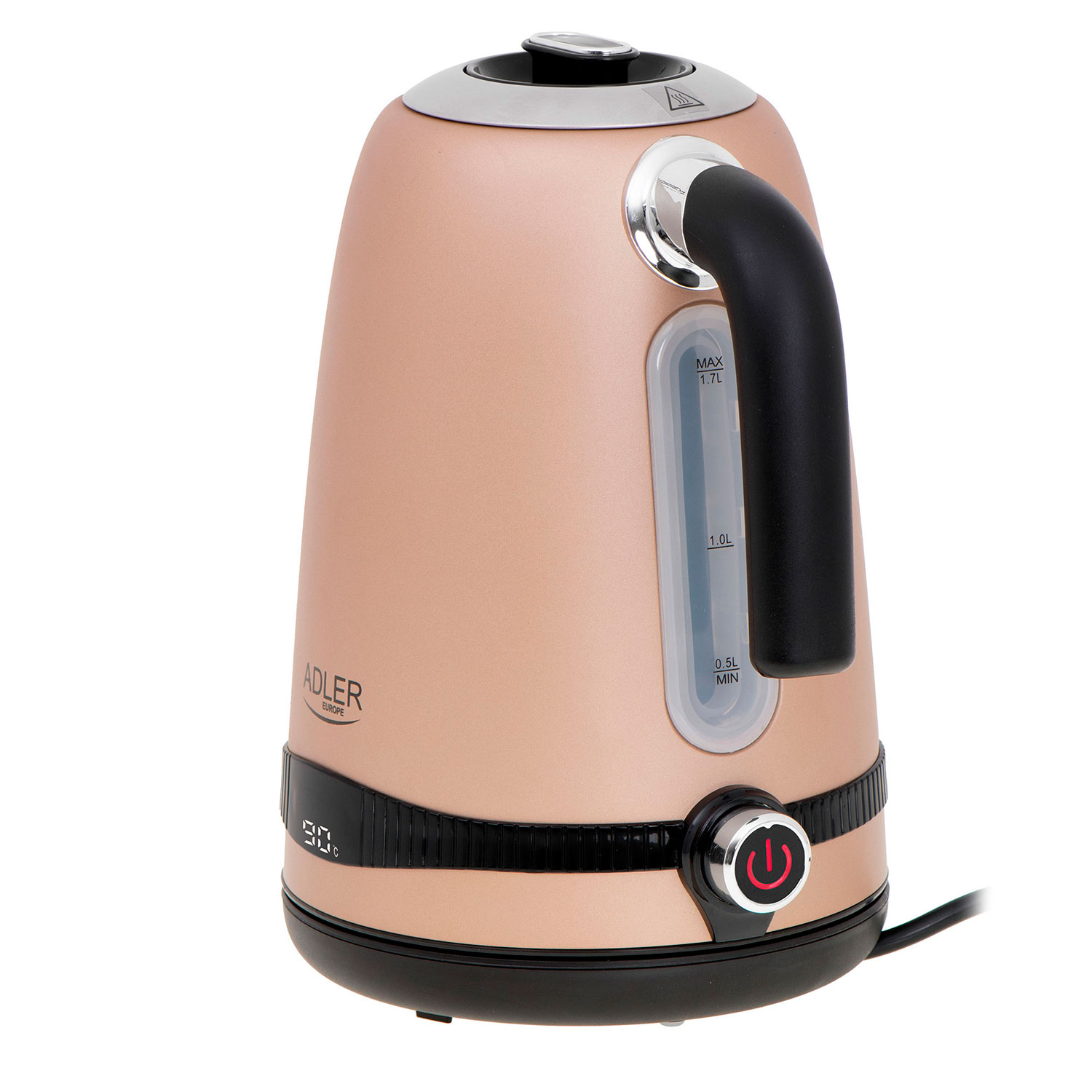 Roségoldener Wasserkocher mit Digitalanzeige, schwarzem Griff und Sockel.