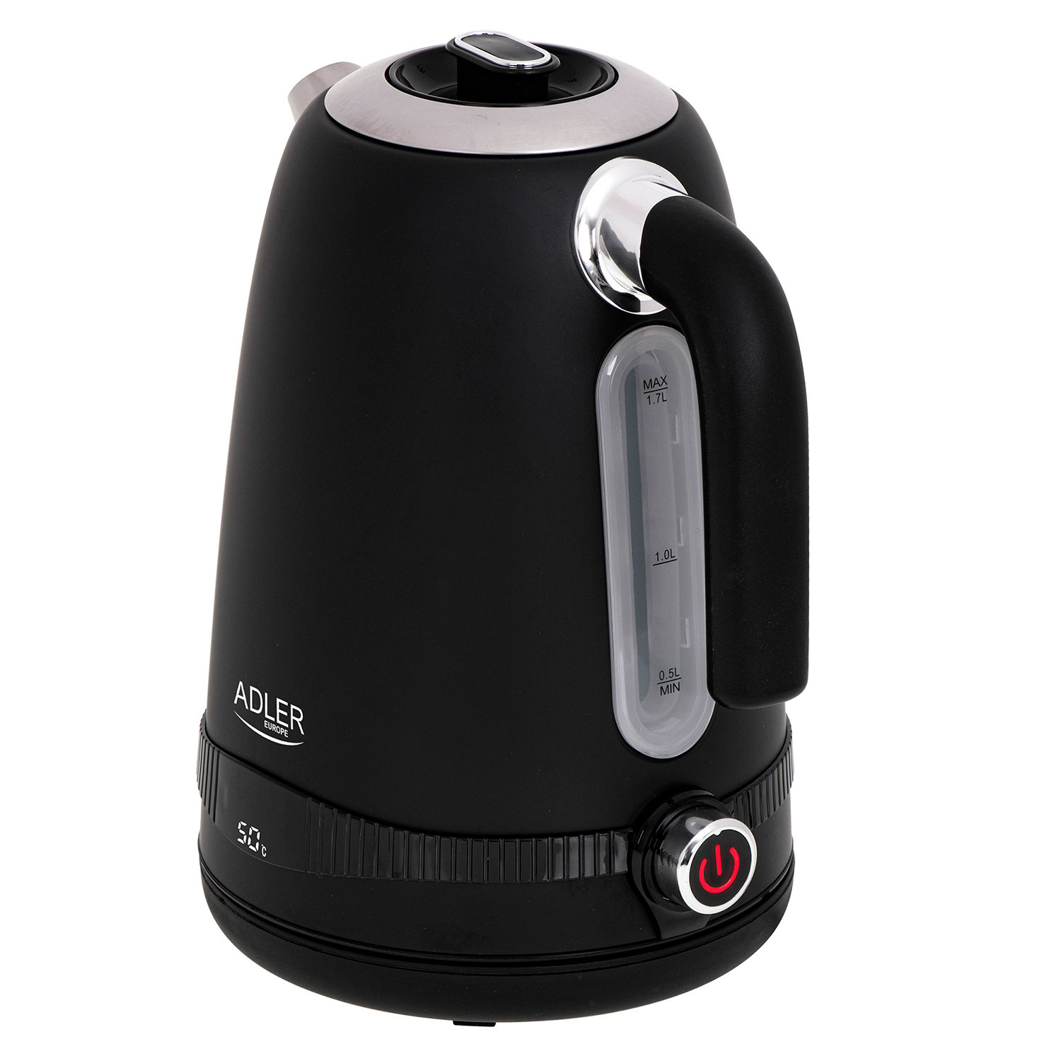 Czarny czajnik elektryczny. Ma srebrną pokrywę i uchwyt. Widoczne okienko poziomu wody i przycisk zasilania.